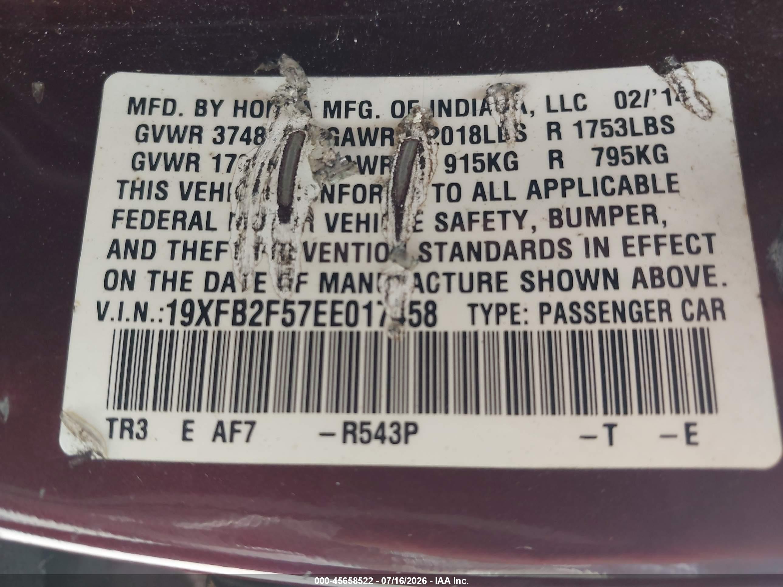 2014 Honda Civic Lx Burgundy vin: 19XFB2F57EE017458