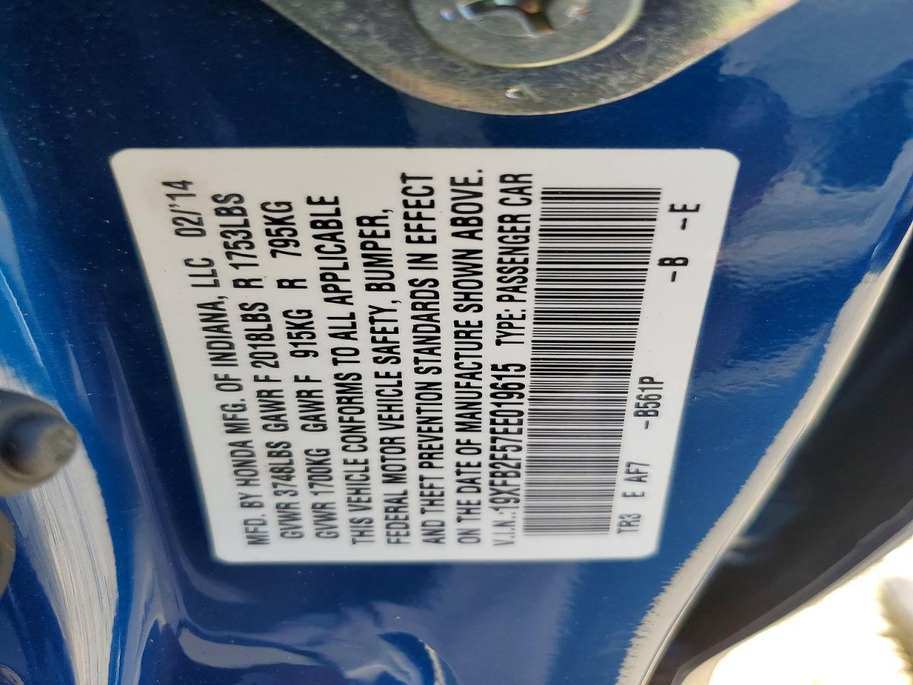 2014 Honda Civic Lx Blue vin: 19XFB2F57EE019615