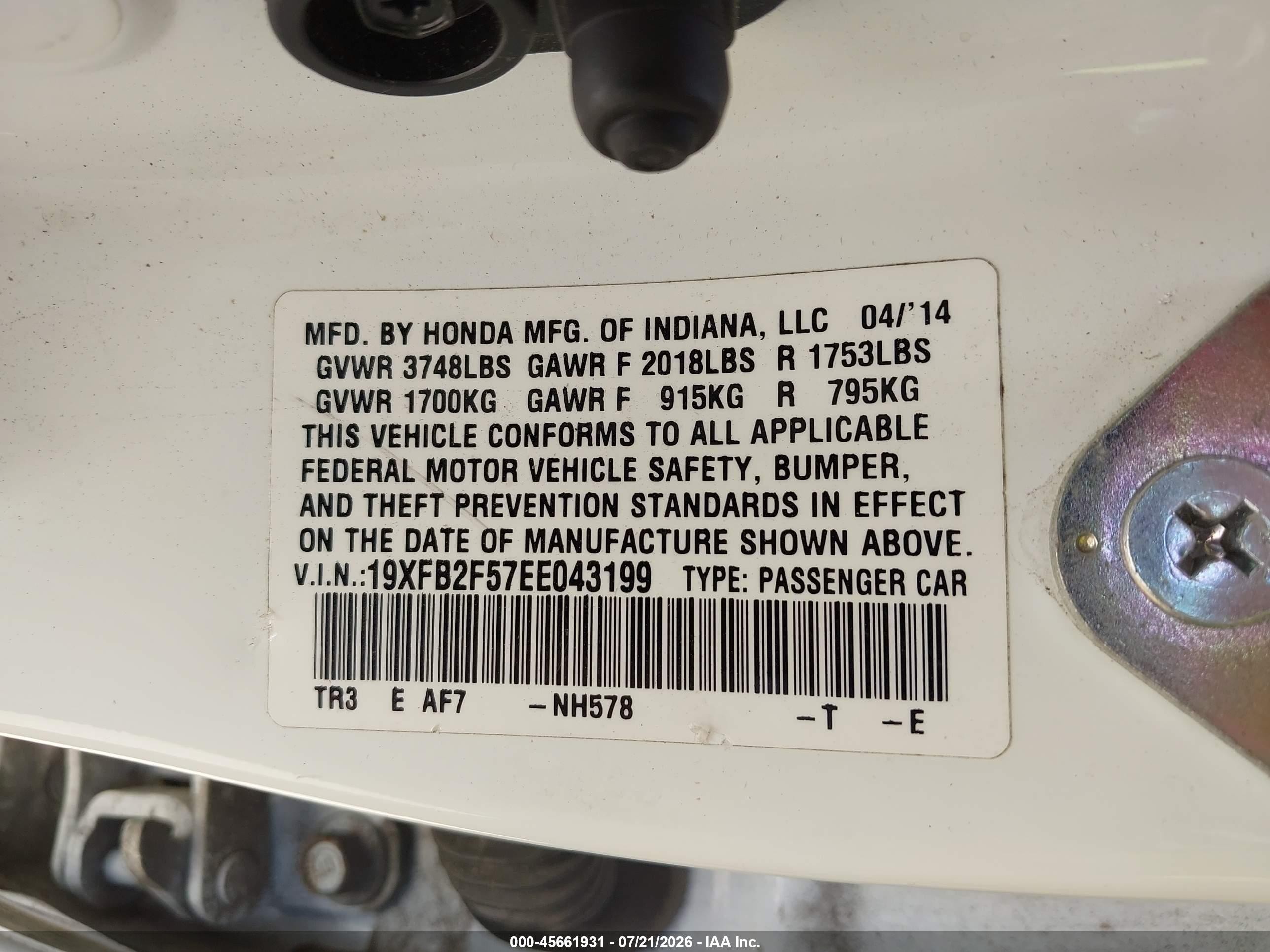 2014 Honda Civic Lx White vin: 19XFB2F57EE043199