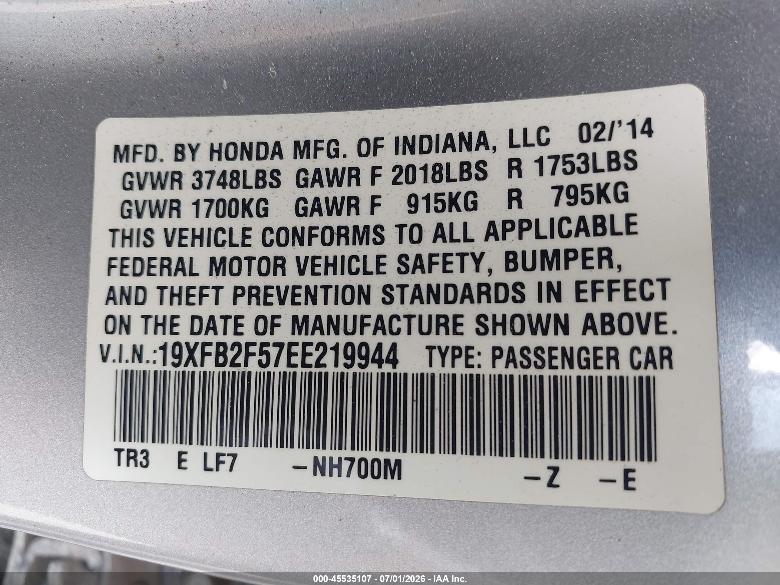 2014 Honda Civic Lx Silver vin: 19XFB2F57EE219944
