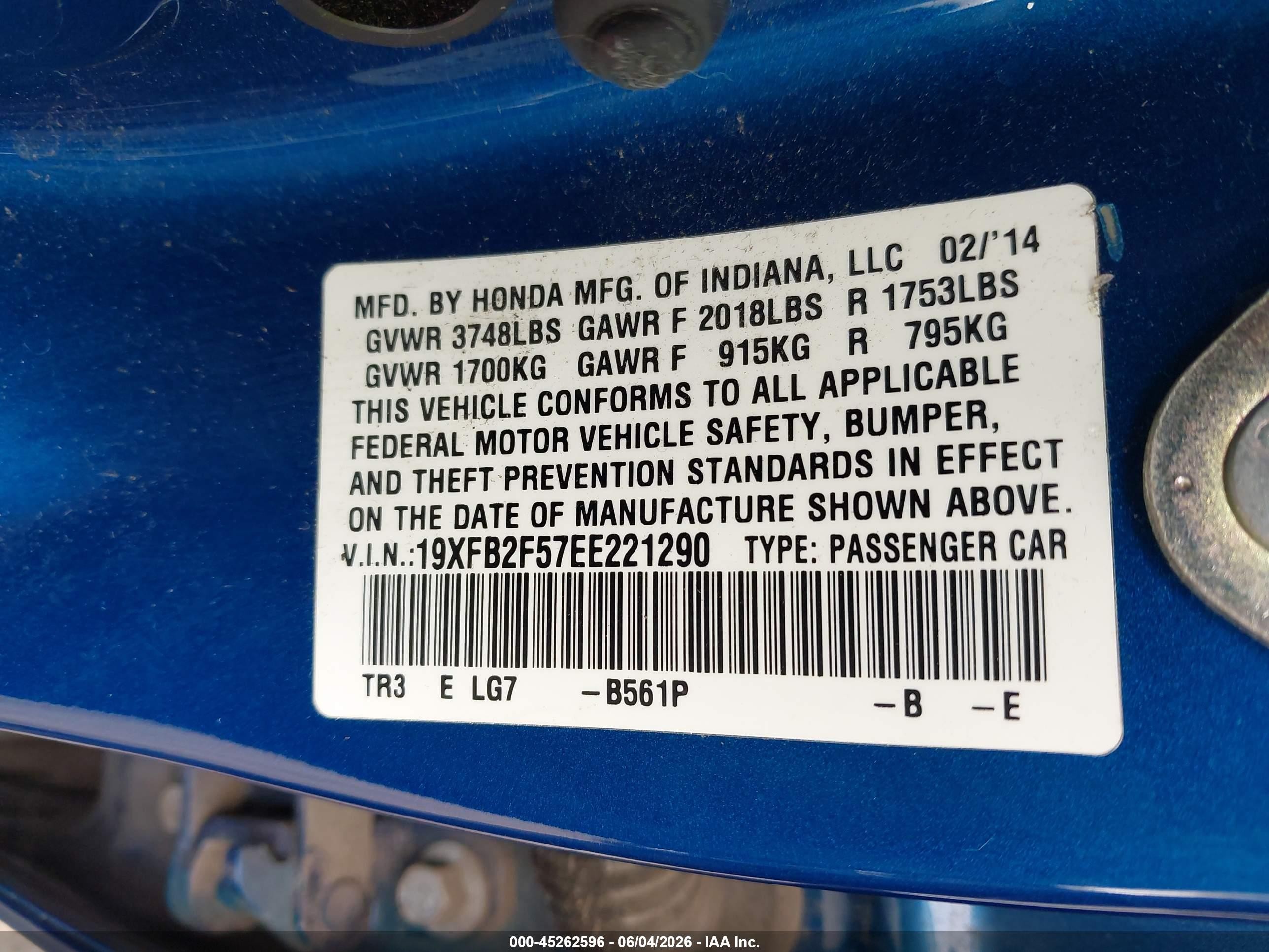 2014 Honda Civic Lx Blue vin: 19XFB2F57EE221290