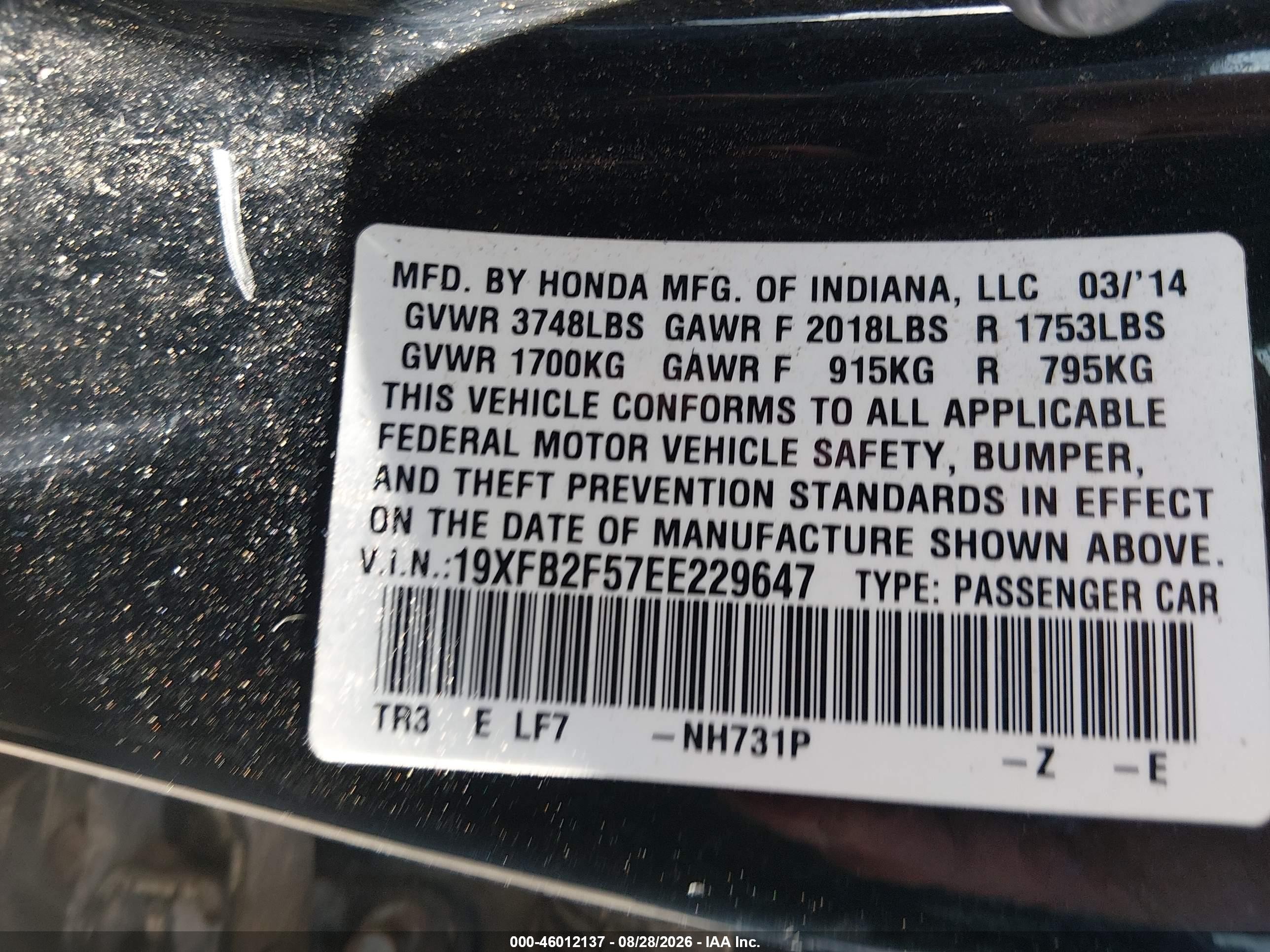 2014 Honda Civic Lx Black vin: 19XFB2F57EE229647