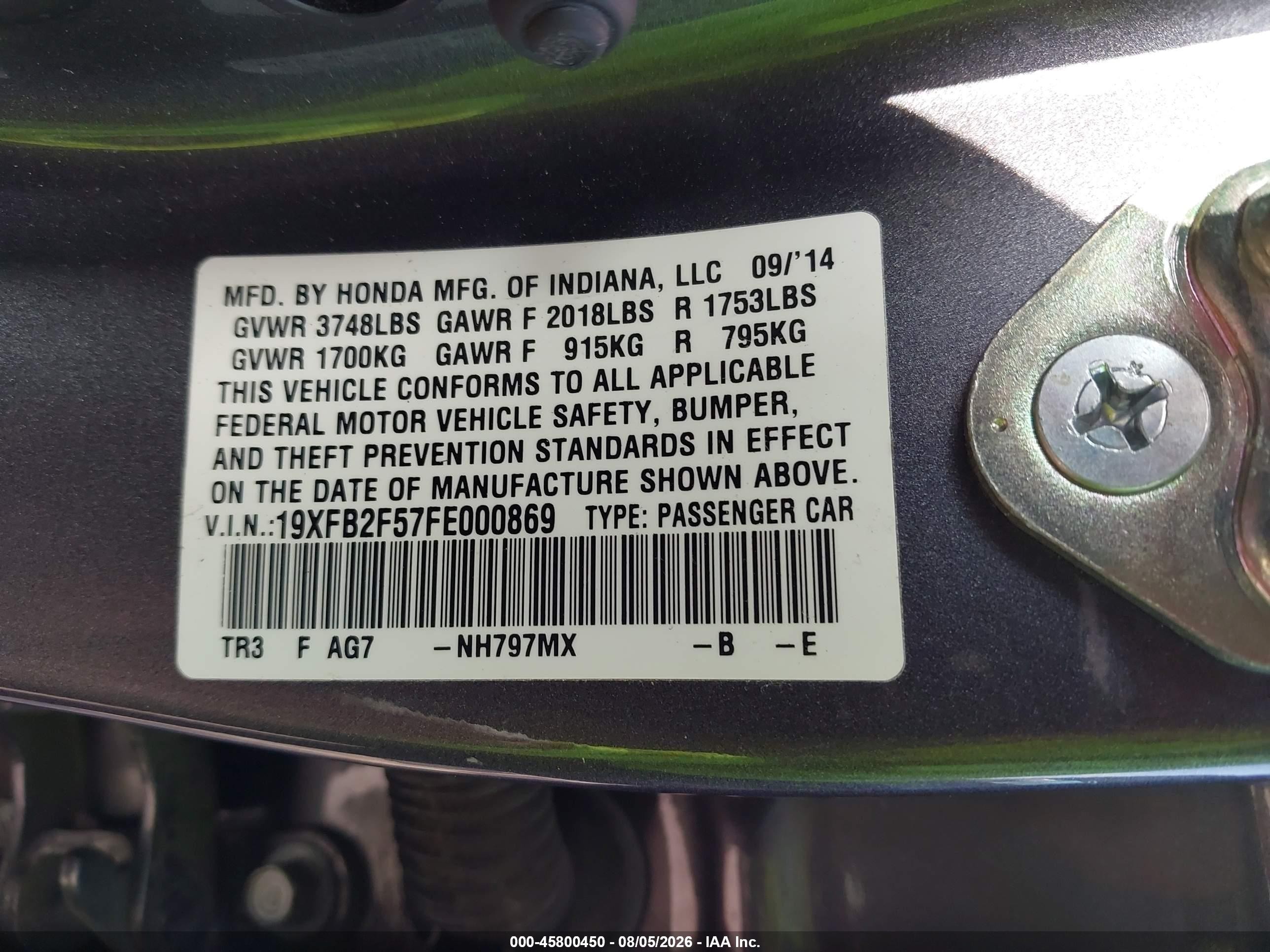 2015 Honda Civic Lx Gray vin: 19XFB2F57FE000869
