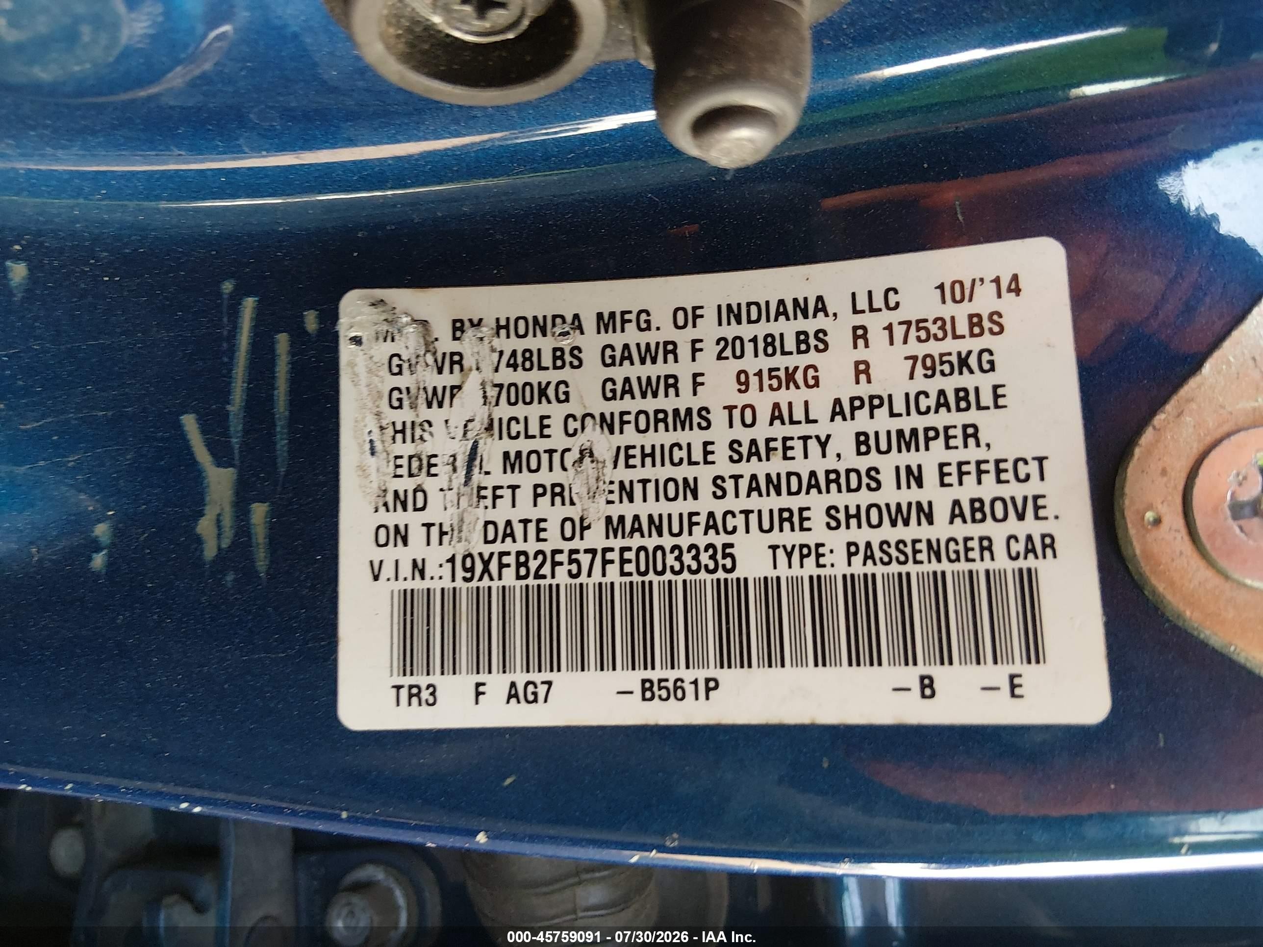 2015 Honda Civic Lx Blue vin: 19XFB2F57FE003335