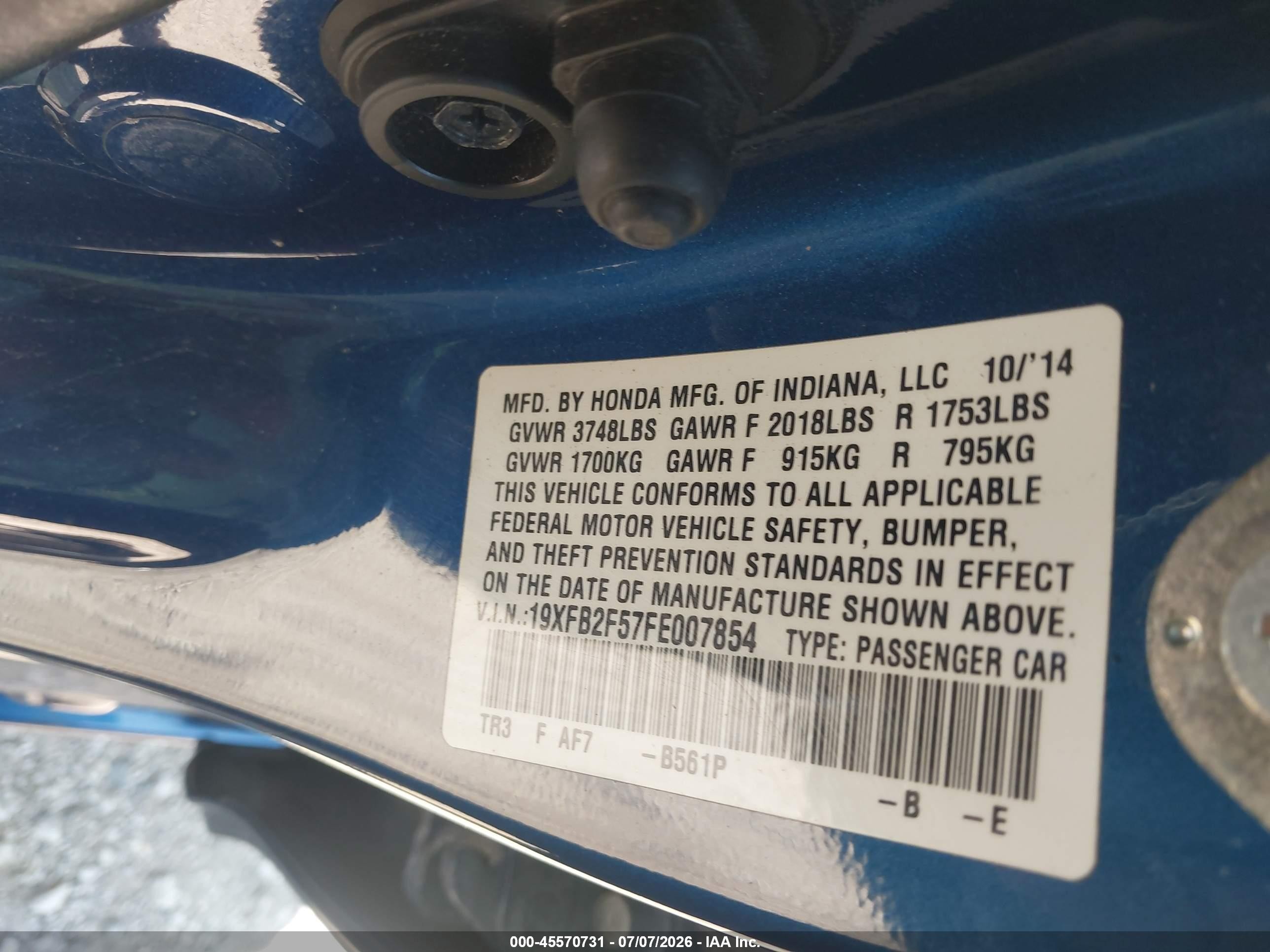 2015 Honda Civic Lx Blue vin: 19XFB2F57FE007854