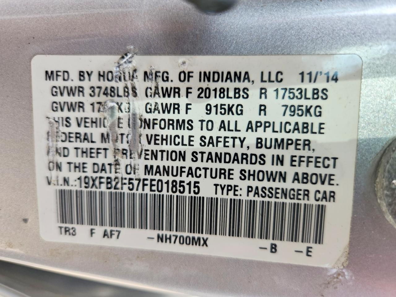 2015 Honda Civic Lx Silver vin: 19XFB2F57FE018515