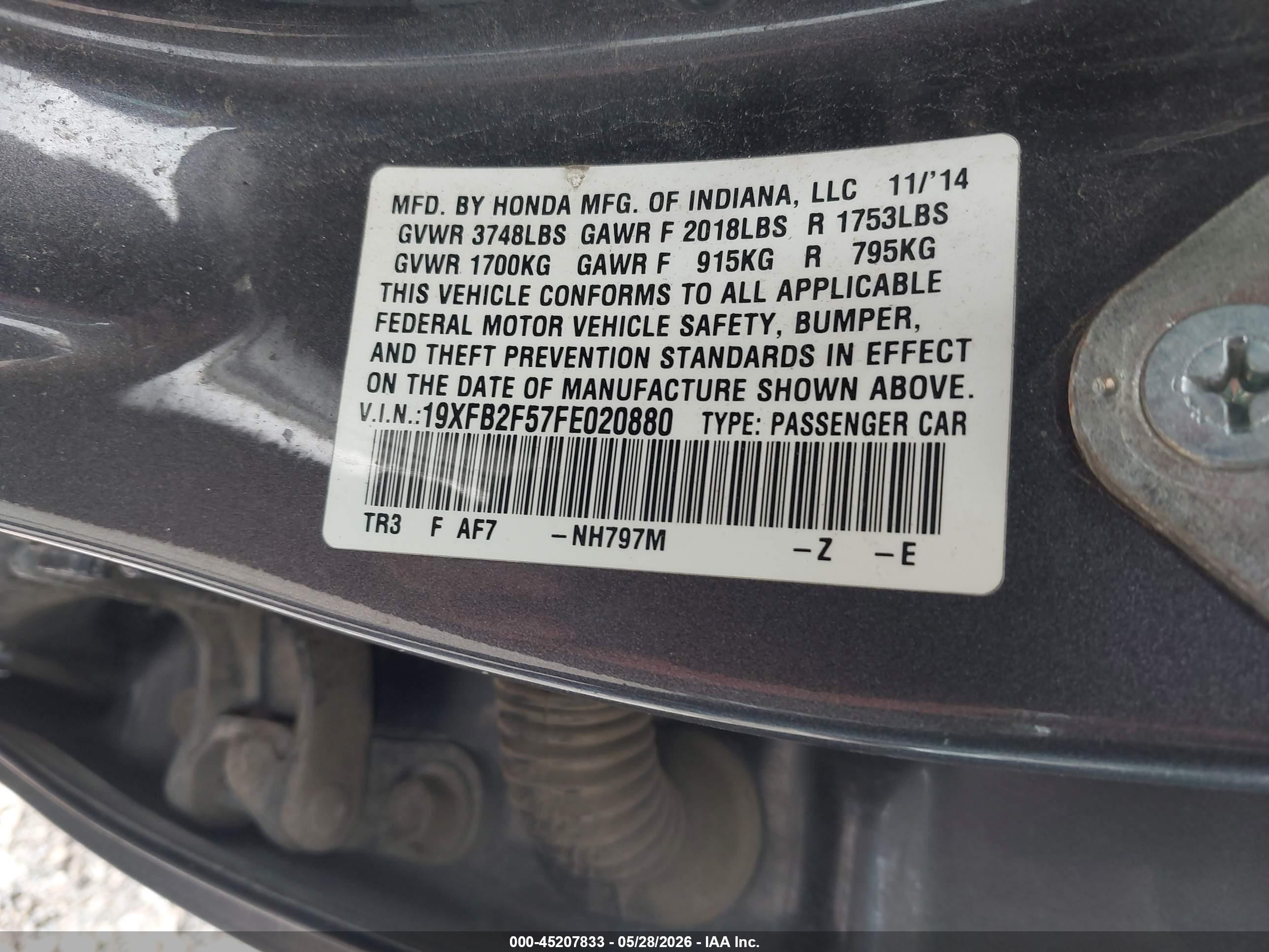 2015 Honda Civic Lx Gray vin: 19XFB2F57FE020880