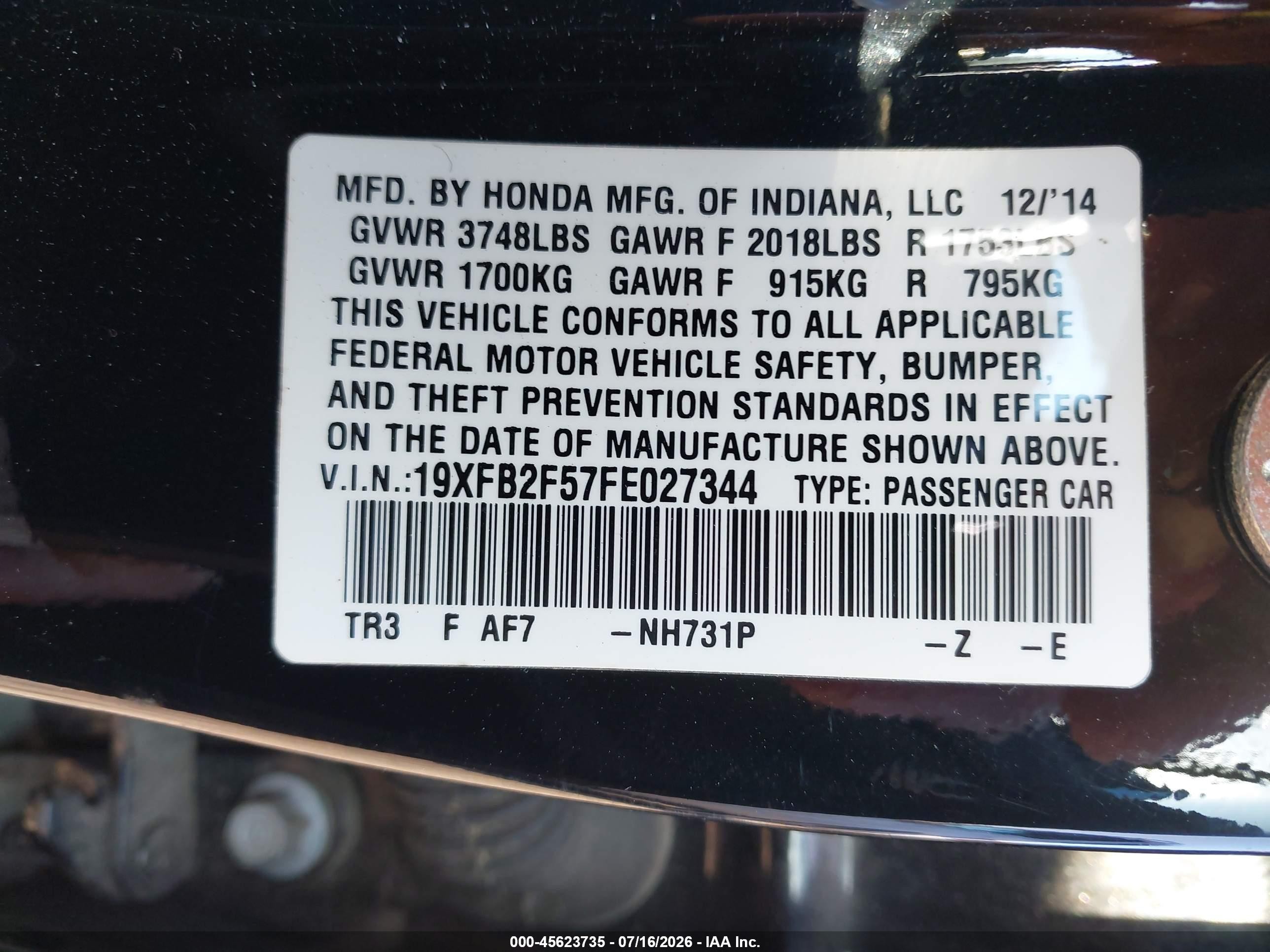 2015 Honda Civic Lx Black vin: 19XFB2F57FE027344