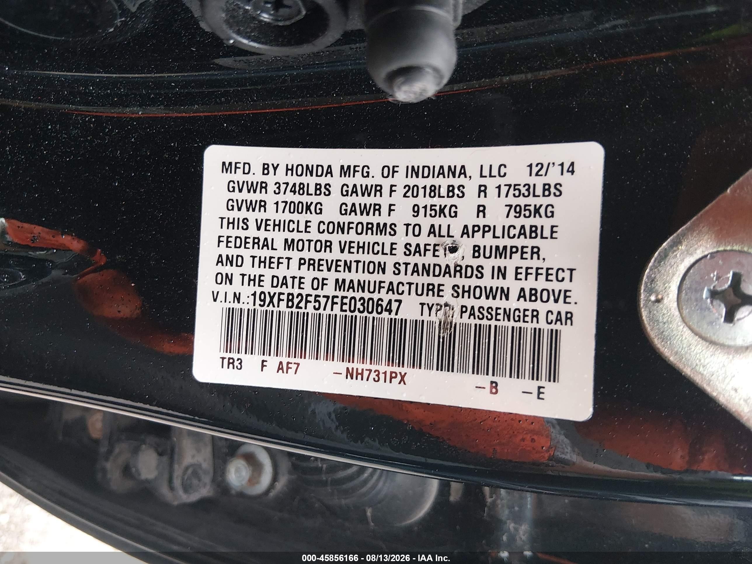 2015 Honda Civic Lx Black vin: 19XFB2F57FE030647