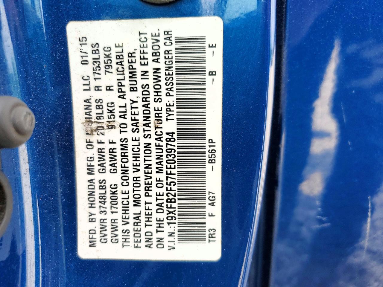 2015 Honda Civic Lx Blue vin: 19XFB2F57FE039784