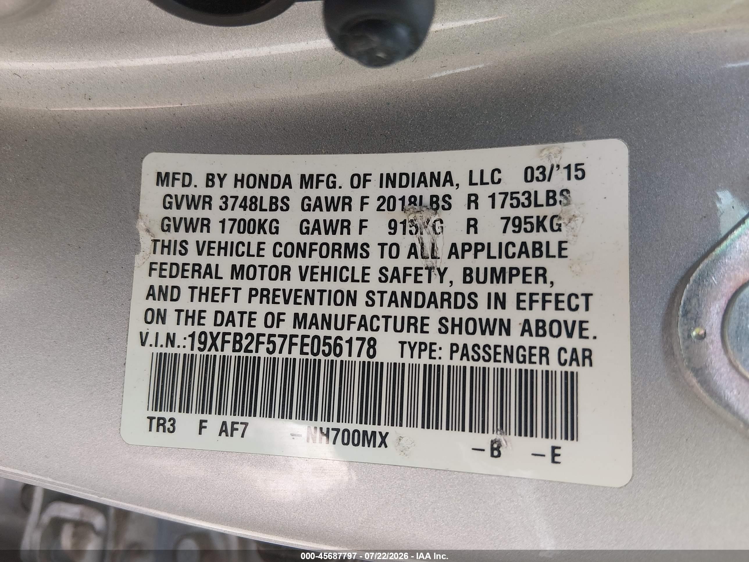 2015 Honda Civic Lx Серебряный vin: 19XFB2F57FE056178
