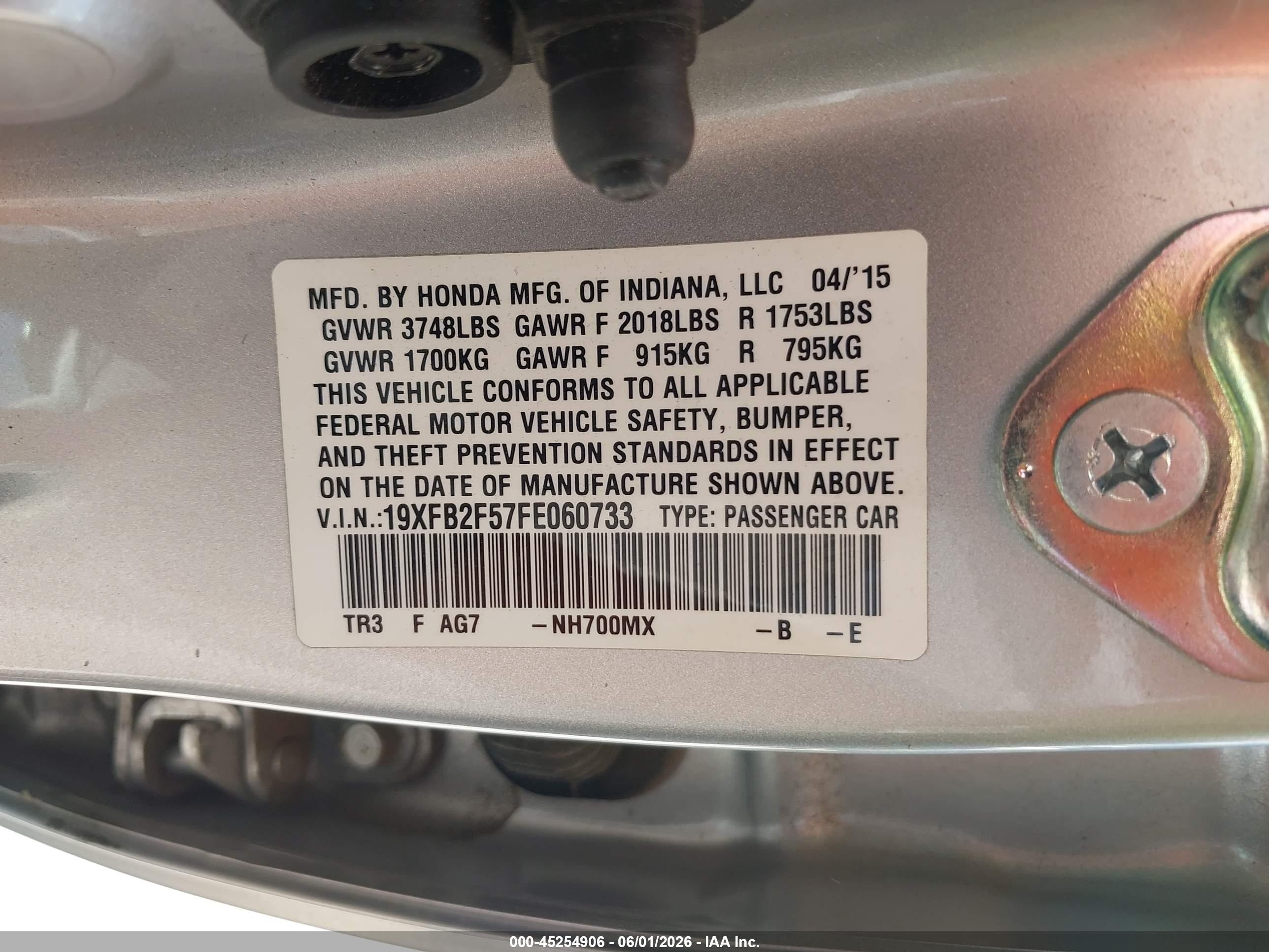 2015 Honda Civic Lx Silver vin: 19XFB2F57FE060733
