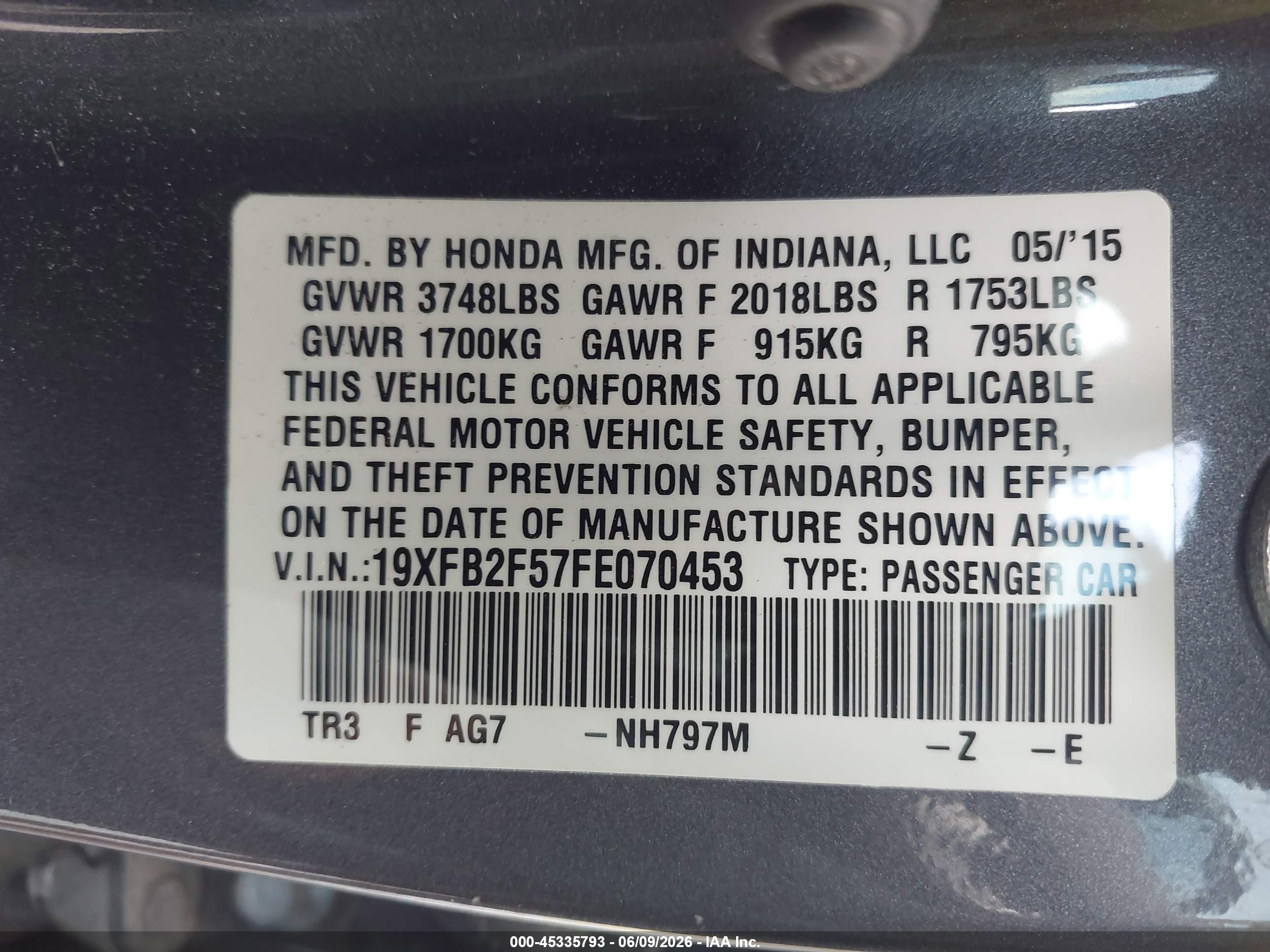 2015 Honda Civic Lx Black vin: 19XFB2F57FE070453