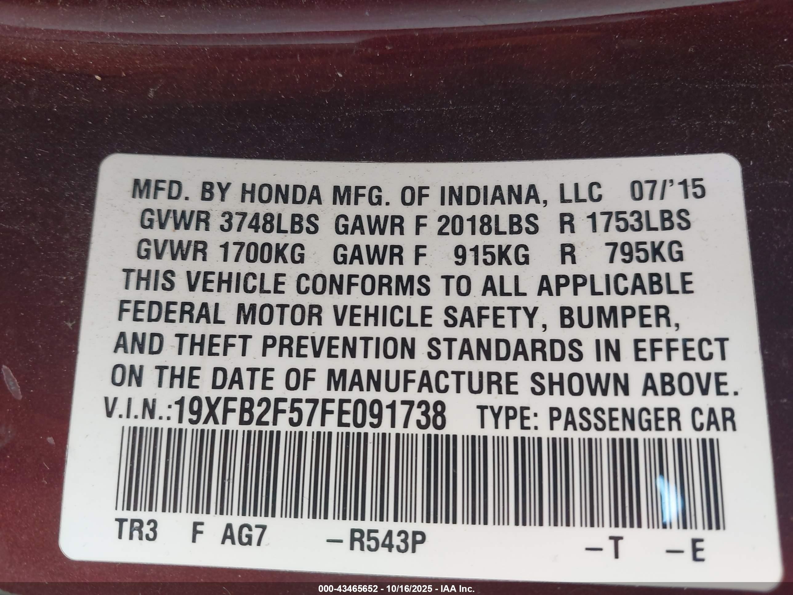 2015 Honda Civic Lx Burgundy vin: 19XFB2F57FE091738