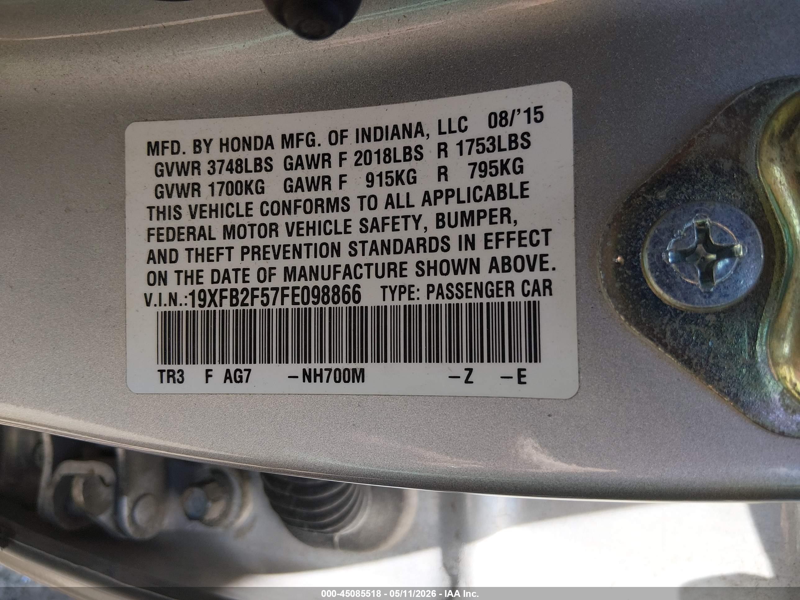 2015 Honda Civic Lx Silver vin: 19XFB2F57FE098866
