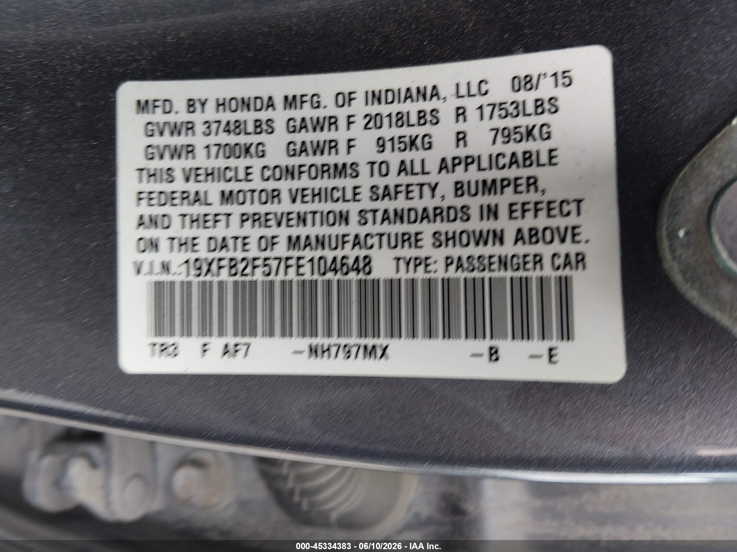 2015 Honda Civic Lx Gray vin: 19XFB2F57FE104648