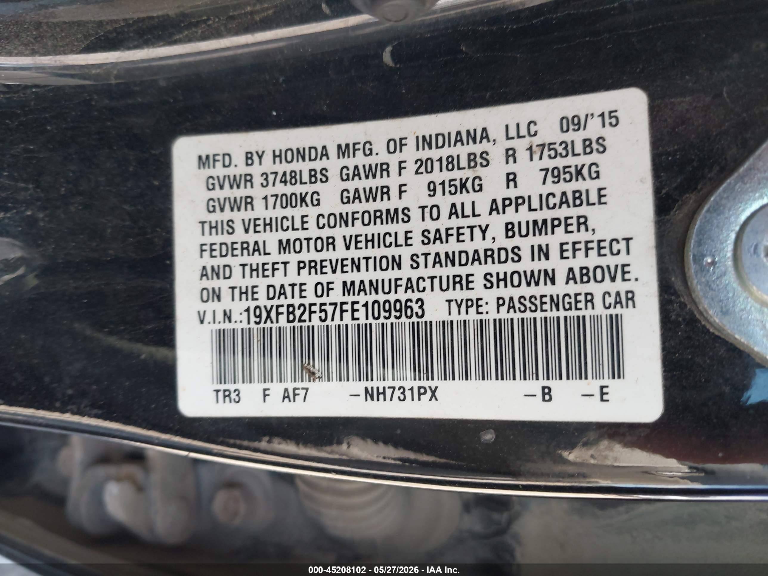 2015 Honda Civic Lx Black vin: 19XFB2F57FE109963