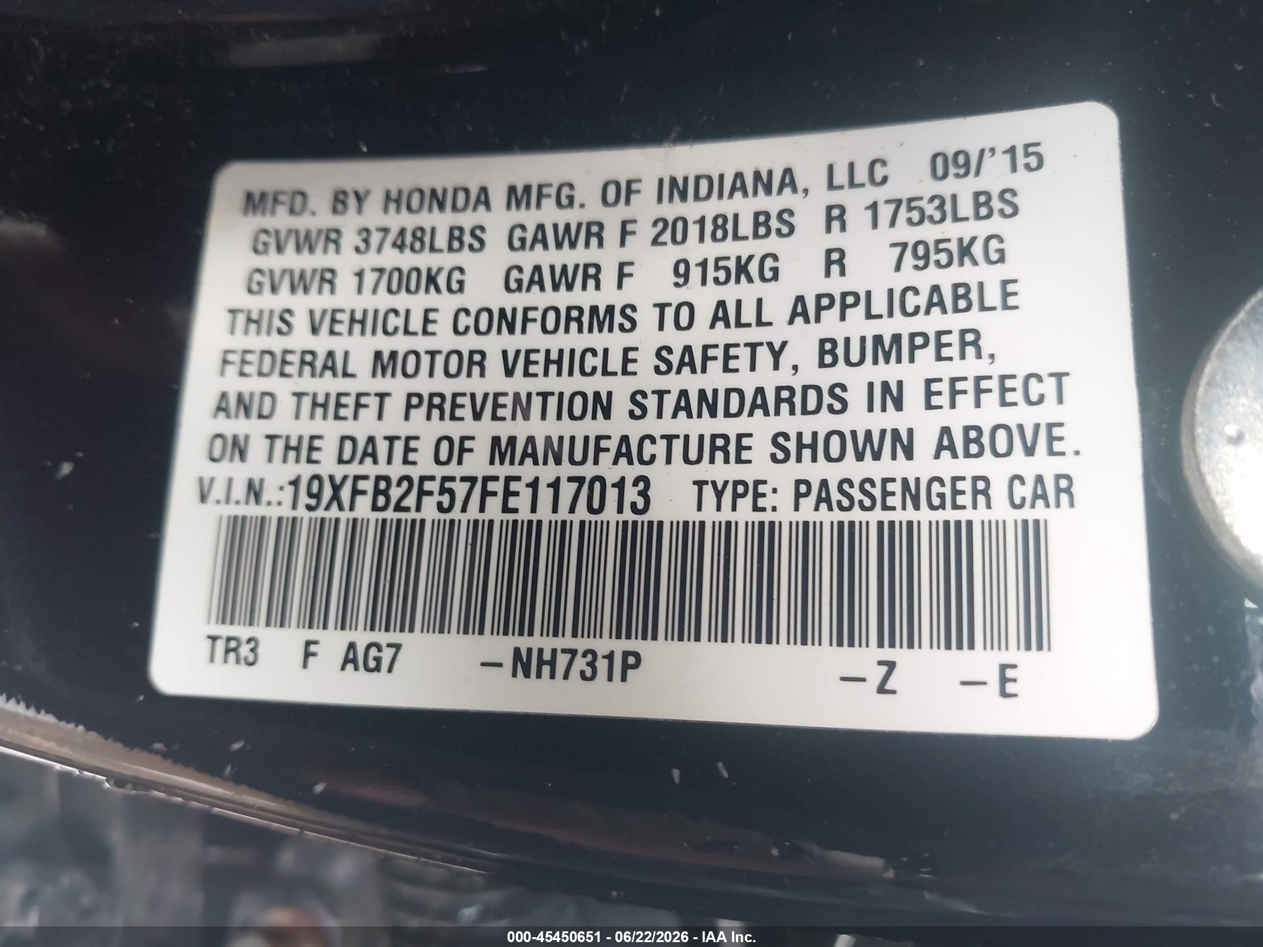 2015 Honda Civic Lx Black vin: 19XFB2F57FE117013