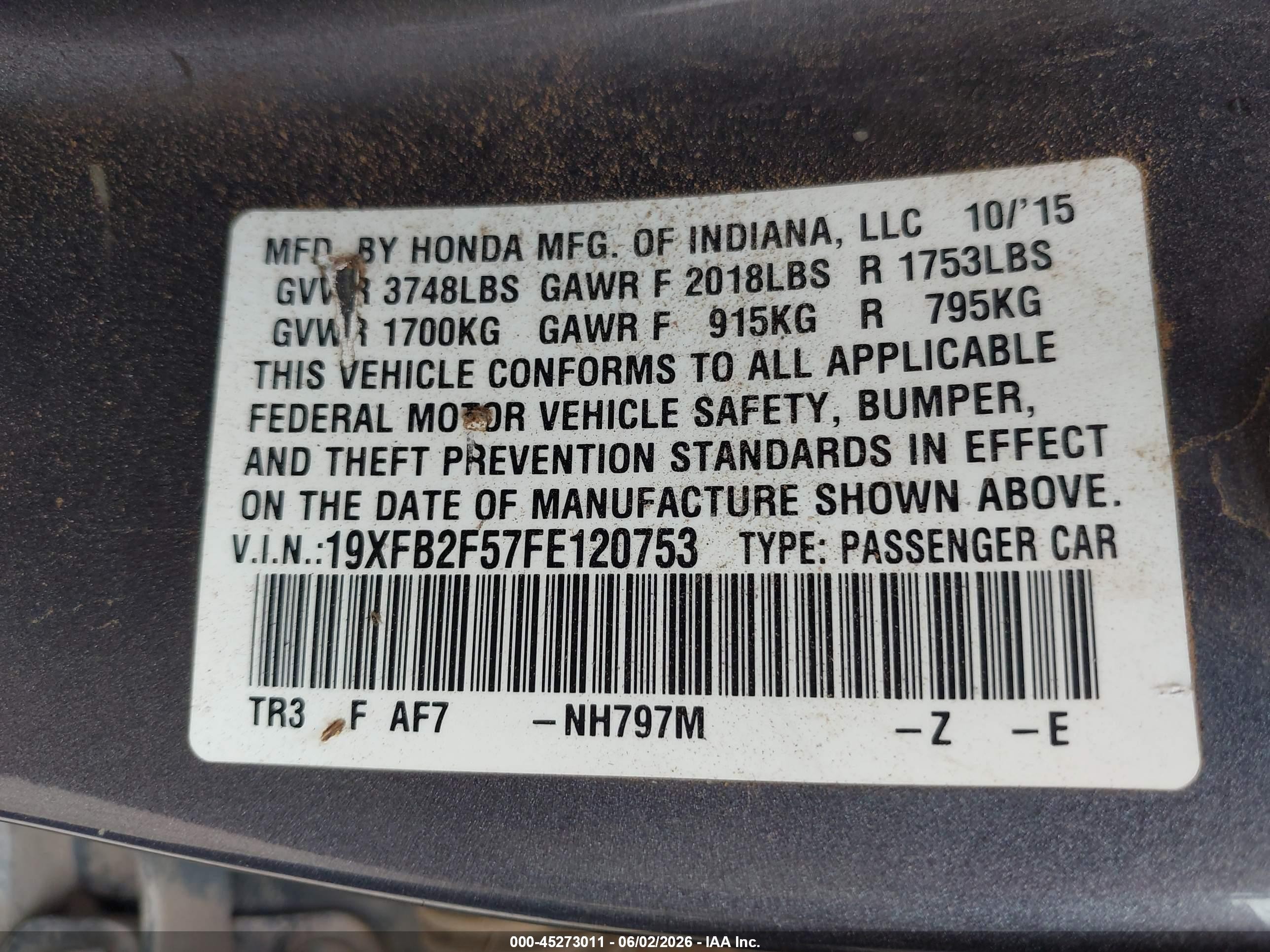 2015 Honda Civic Lx Серый vin: 19XFB2F57FE120753