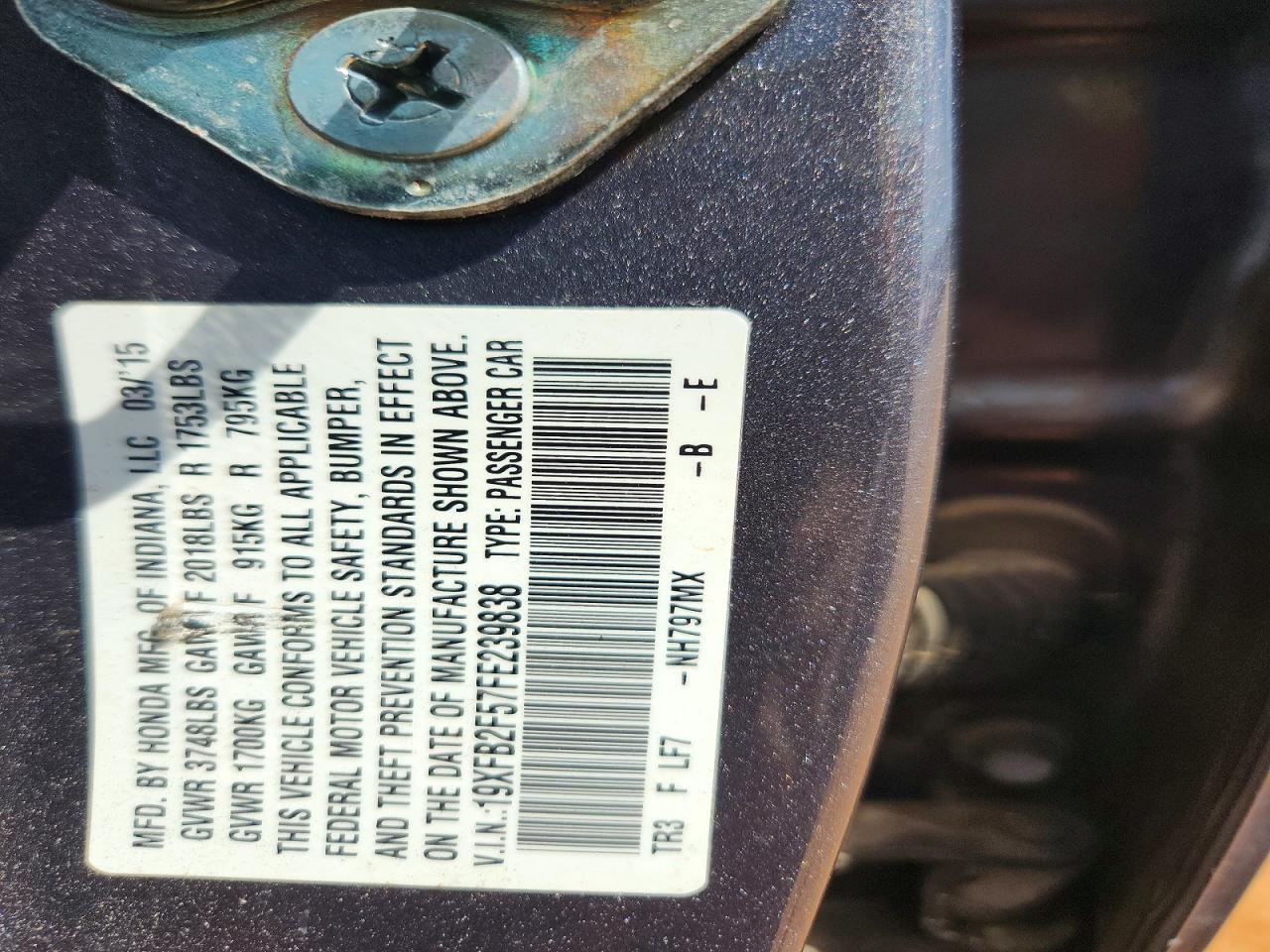 2015 Honda Civic Lx Gray vin: 19XFB2F57FE239838