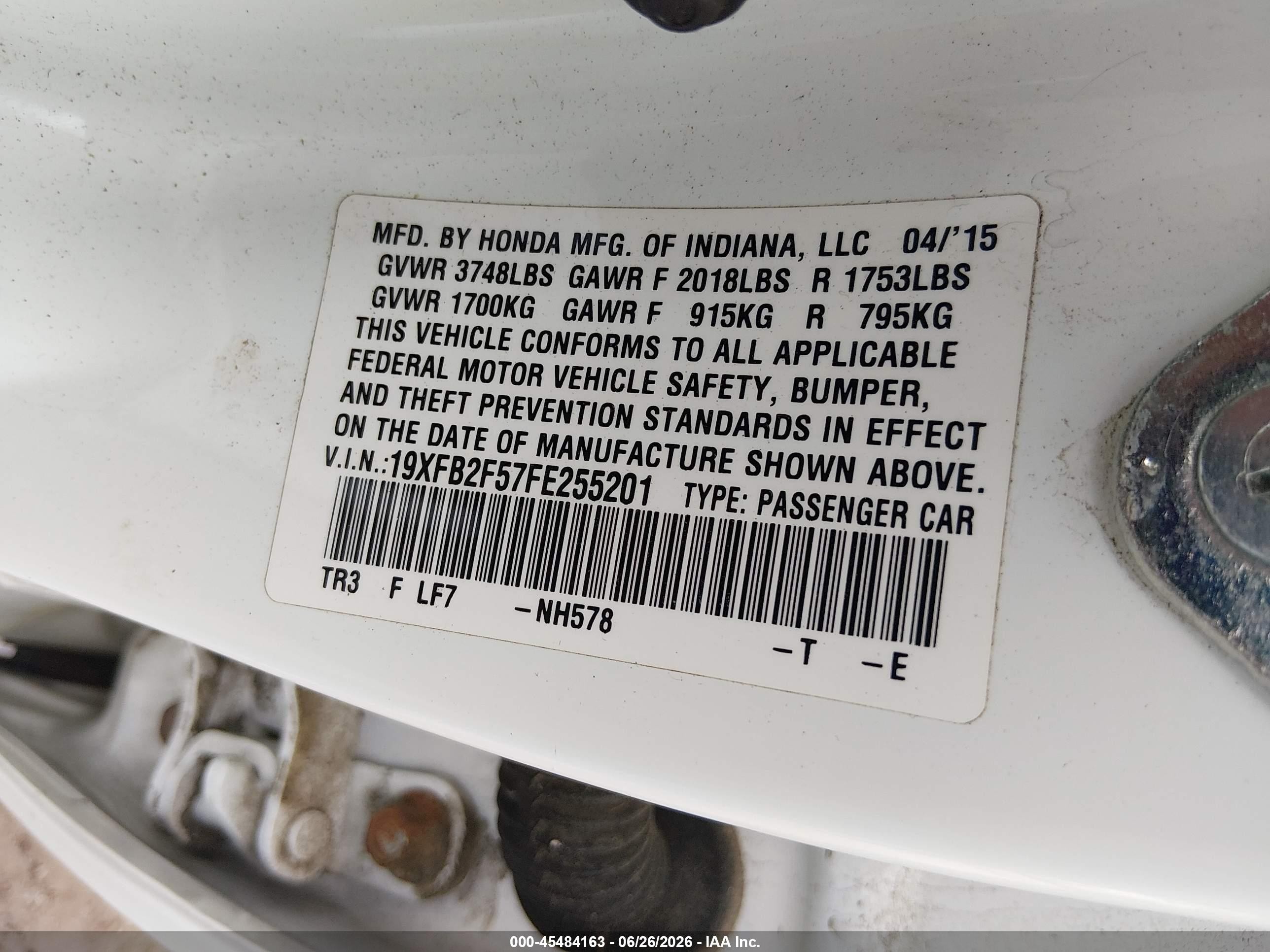 2015 Honda Civic Lx White vin: 19XFB2F57FE255201