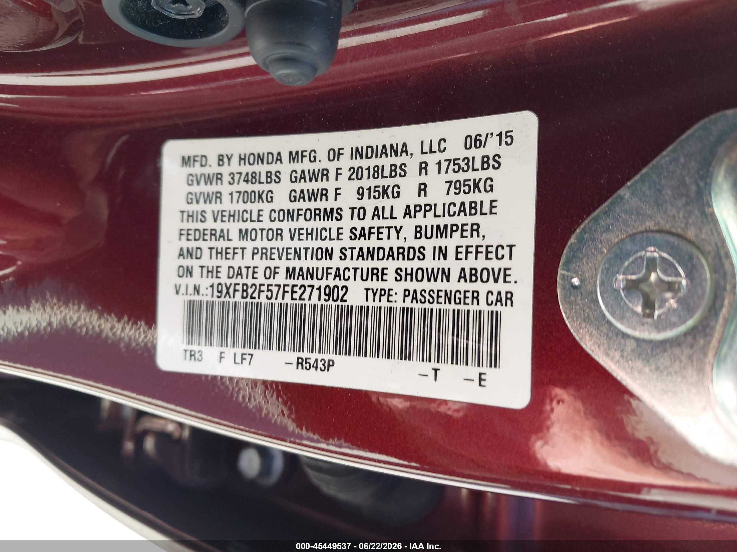 2015 Honda Civic Lx Burgundy vin: 19XFB2F57FE271902