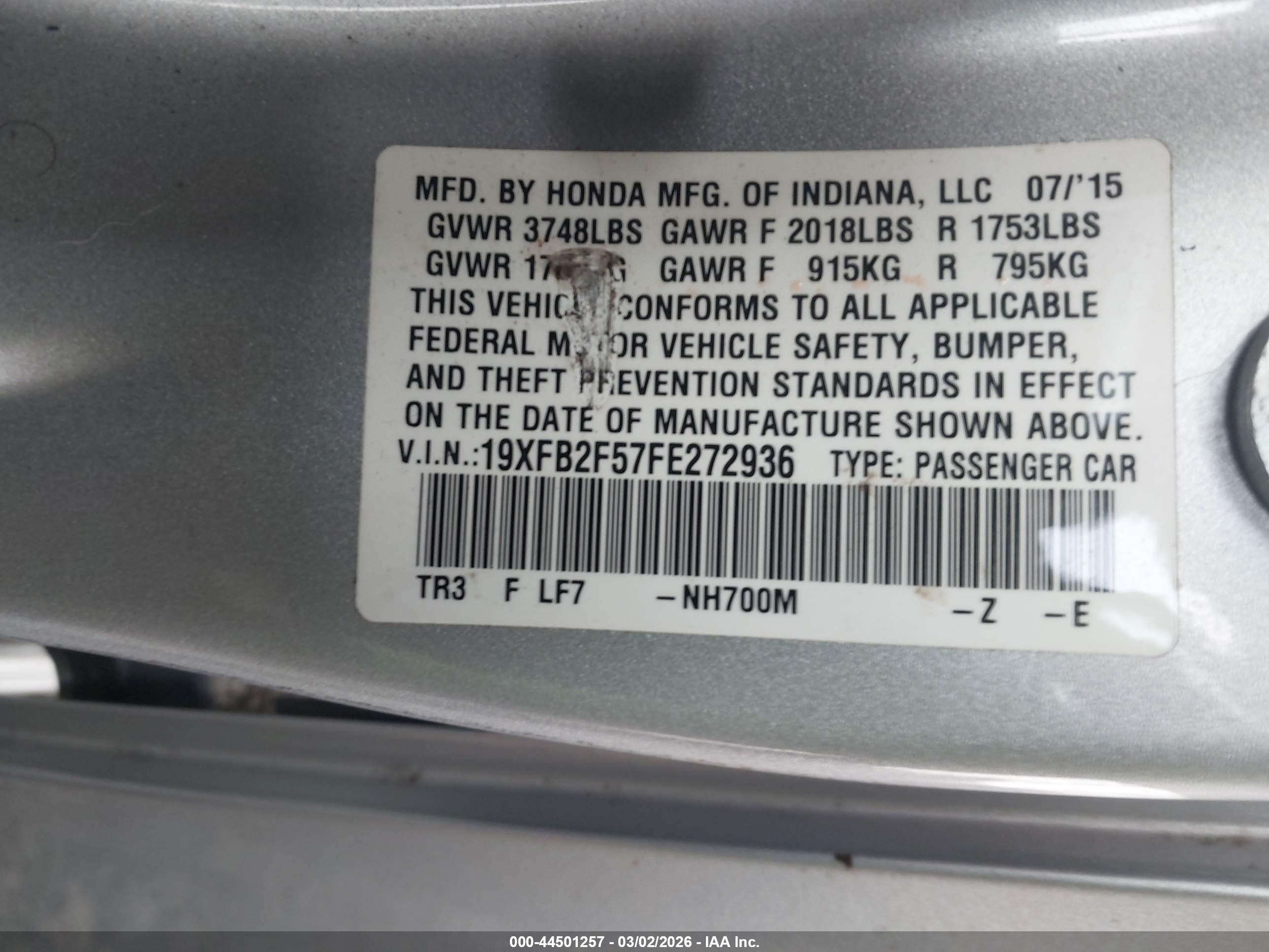 2015 Honda Civic Lx Gray vin: 19XFB2F57FE272936