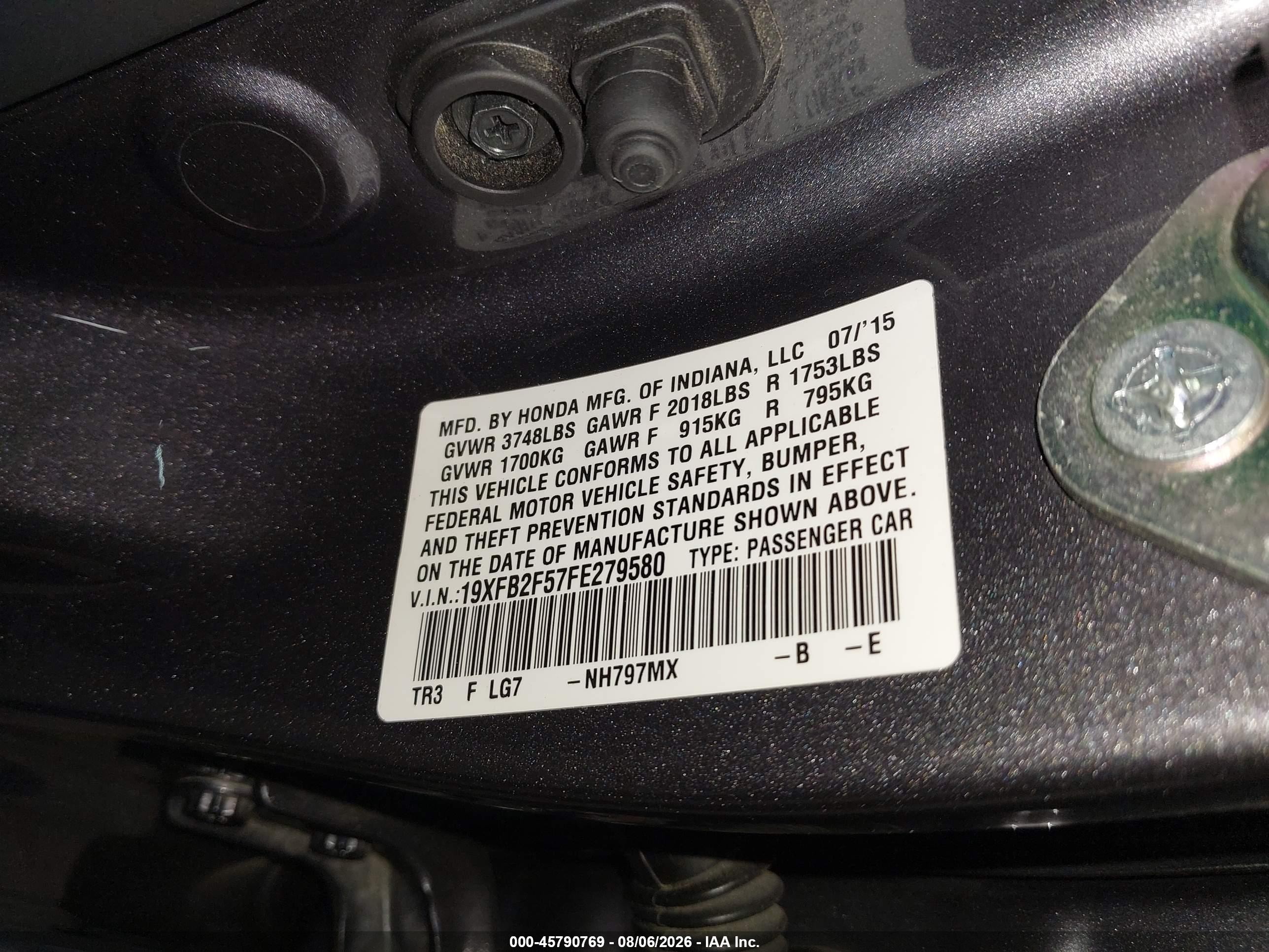2015 Honda Civic Lx Gray vin: 19XFB2F57FE279580