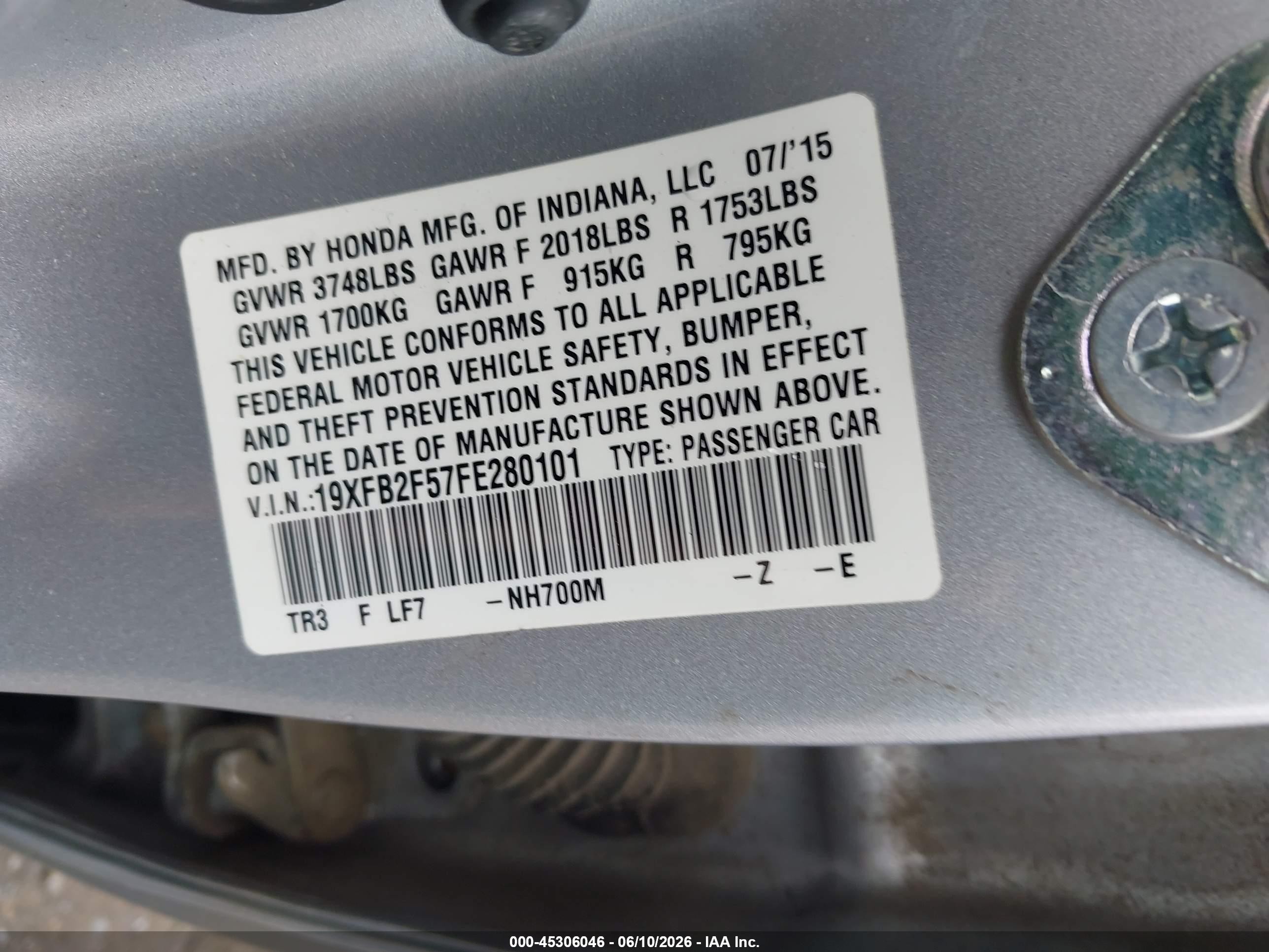 2015 Honda Civic Lx Silver vin: 19XFB2F57FE280101