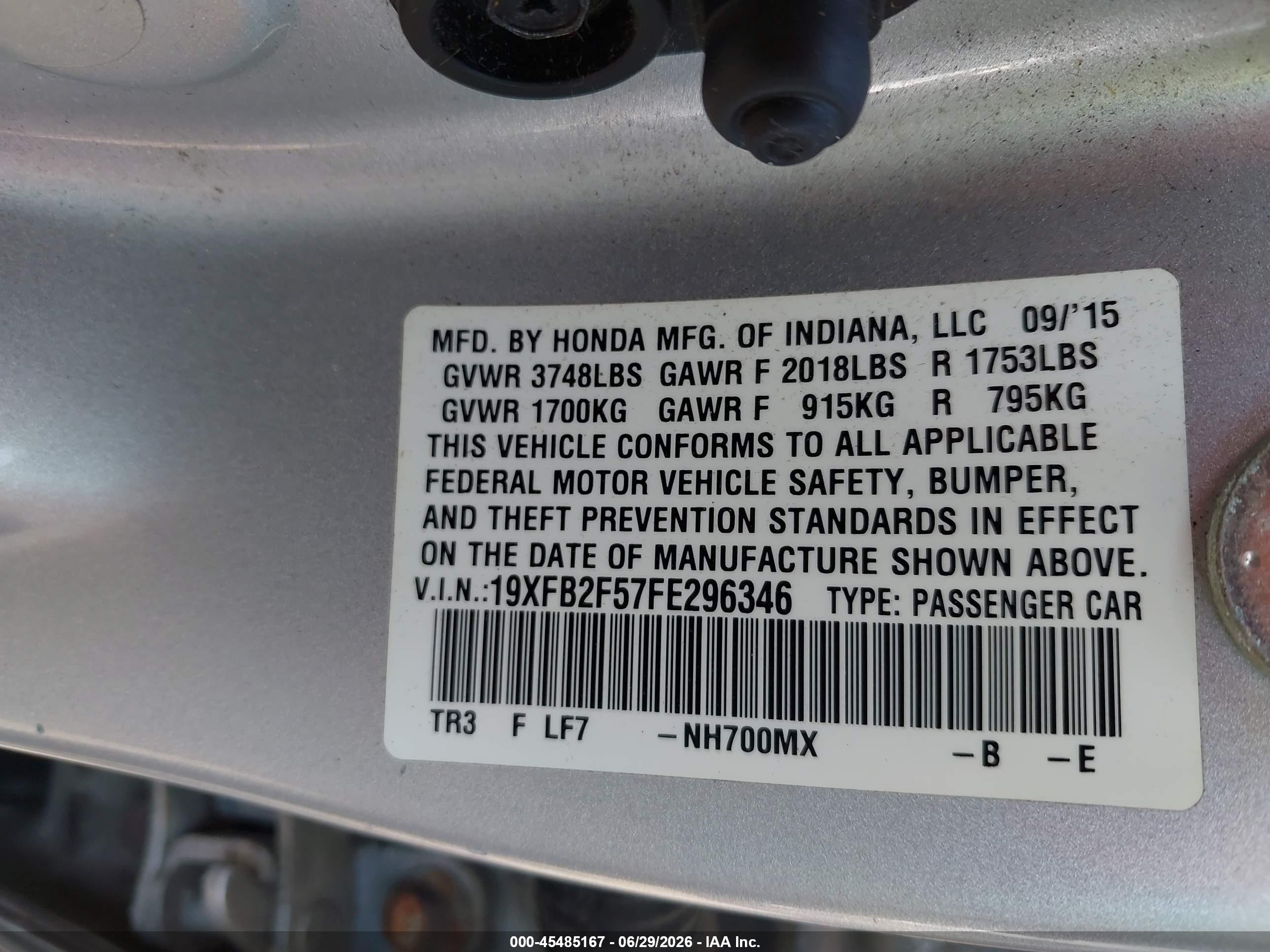 2015 Honda Civic Lx Silver vin: 19XFB2F57FE296346