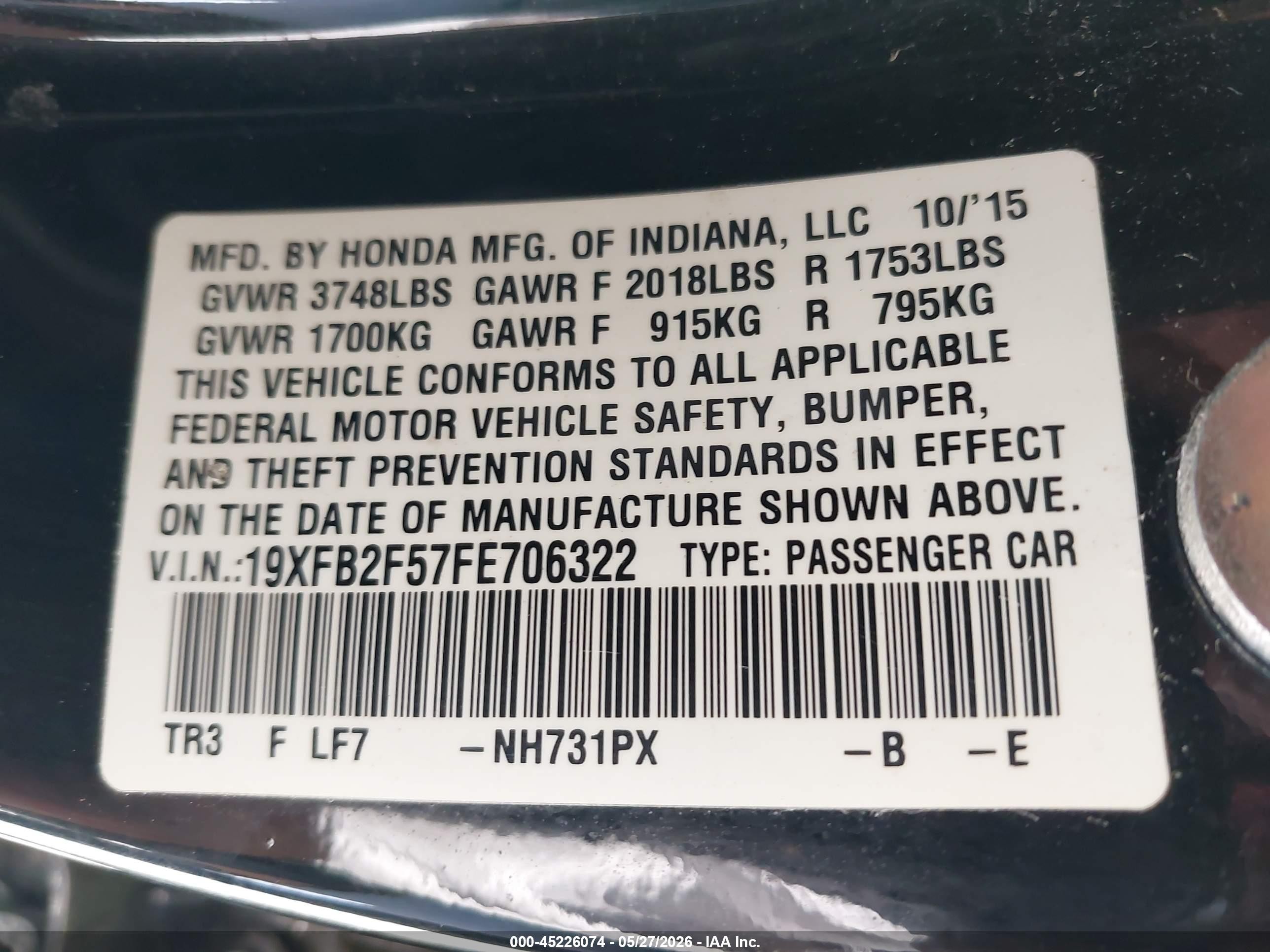 2015 Honda Civic Lx Black vin: 19XFB2F57FE706322