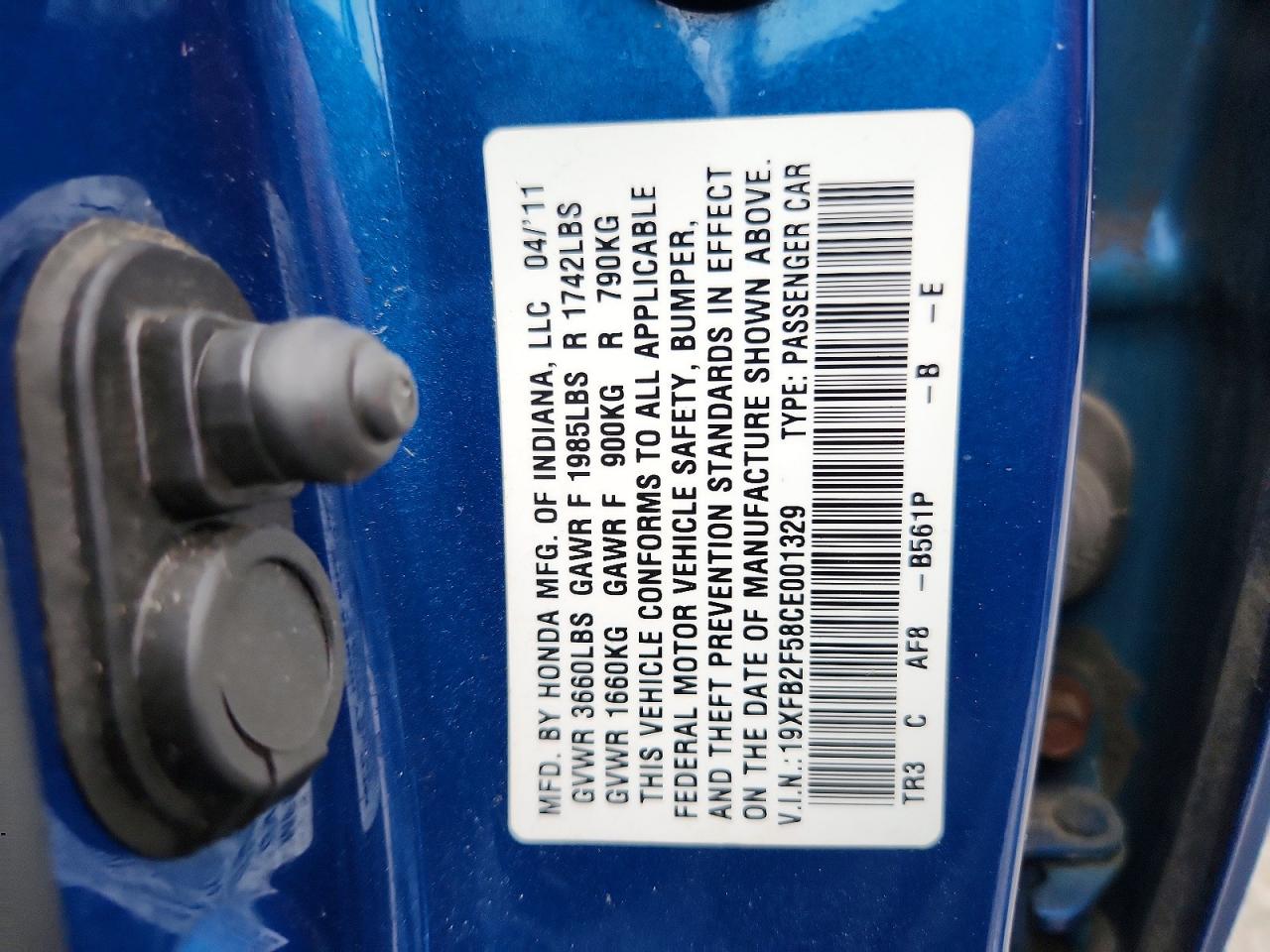 2012 Honda Civic Lx Blue vin: 19XFB2F58CE001329