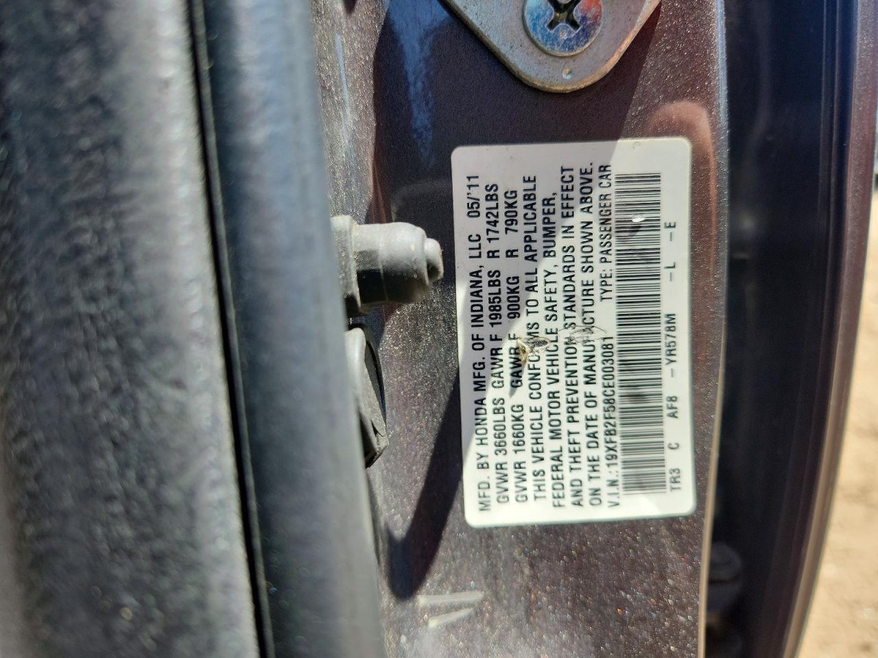 2012 Honda Civic Lx Gray vin: 19XFB2F58CE003081