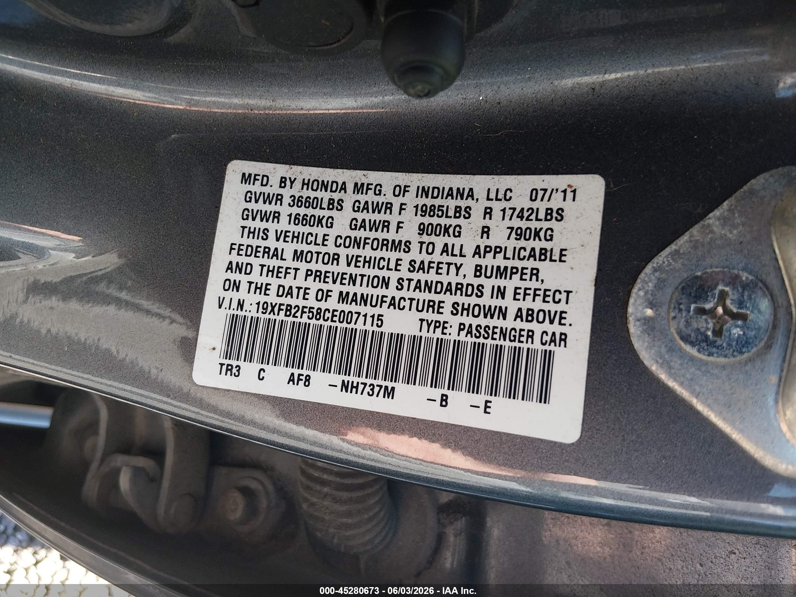 2012 Honda Civic Lx Gray vin: 19XFB2F58CE007115