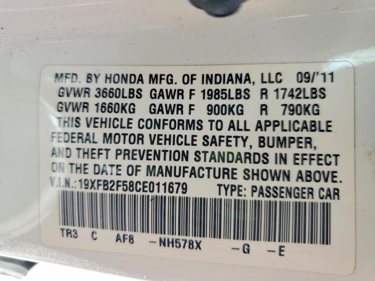 2012 Honda Civic Lx White vin: 19XFB2F58CE011679