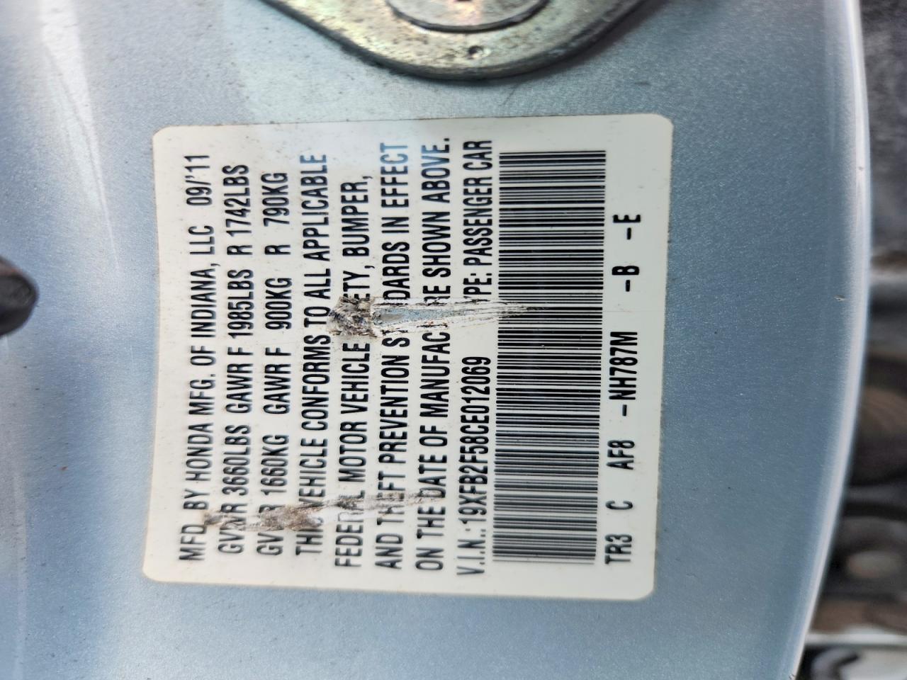2012 Honda Civic Lx Синий vin: 19XFB2F58CE012069