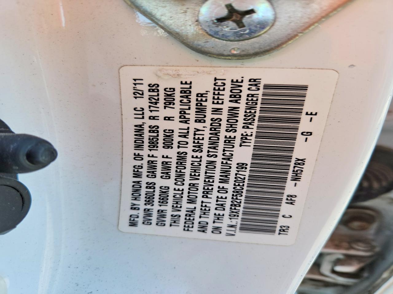 2012 Honda Civic Lx White vin: 19XFB2F58CE027199