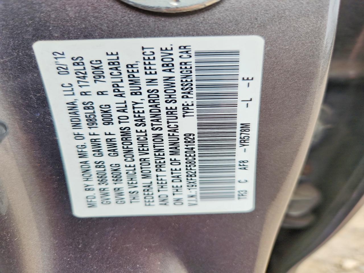 2012 Honda Civic Lx Gray vin: 19XFB2F58CE041829