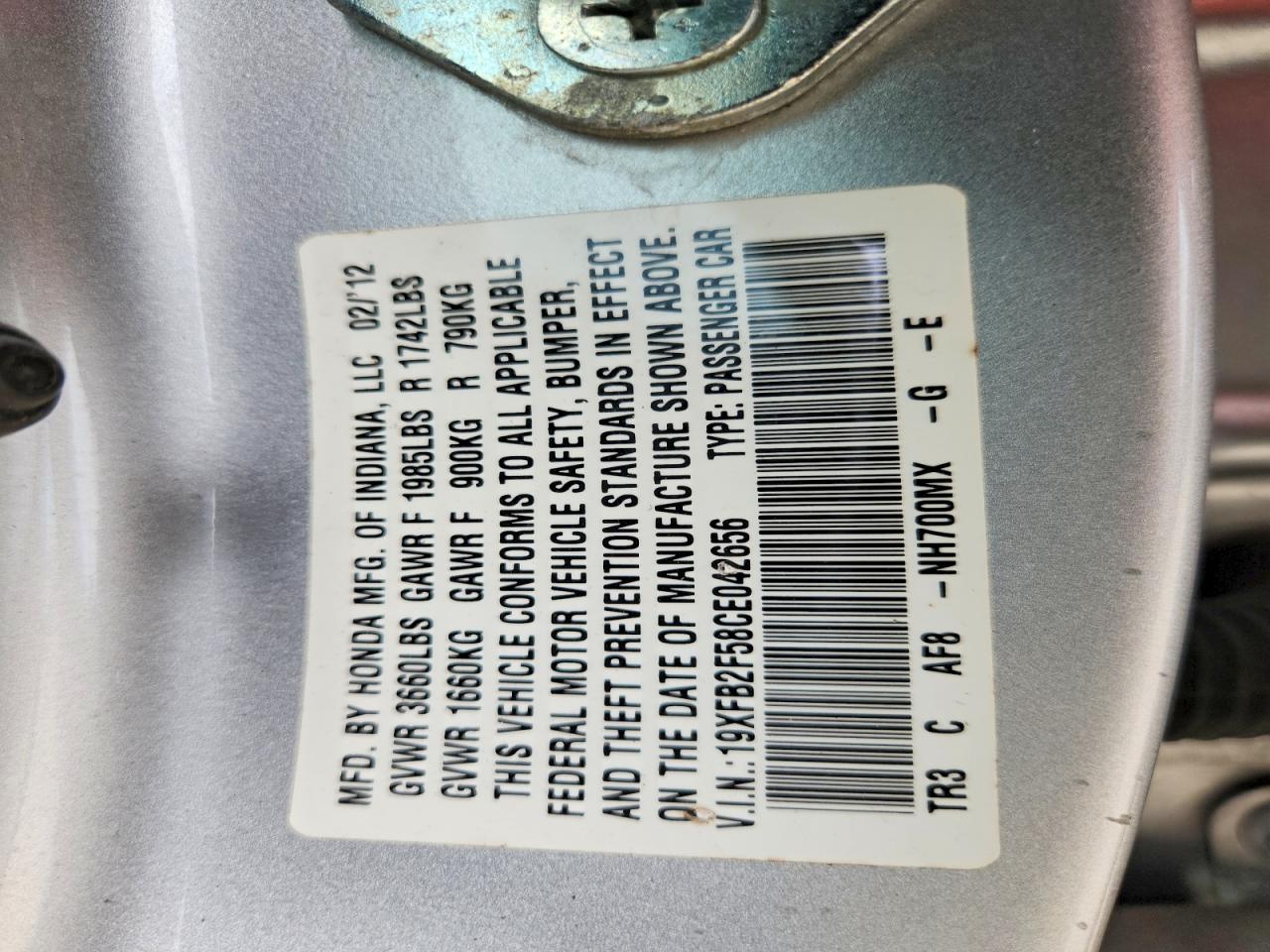 2012 Honda Civic Lx Silver vin: 19XFB2F58CE042656