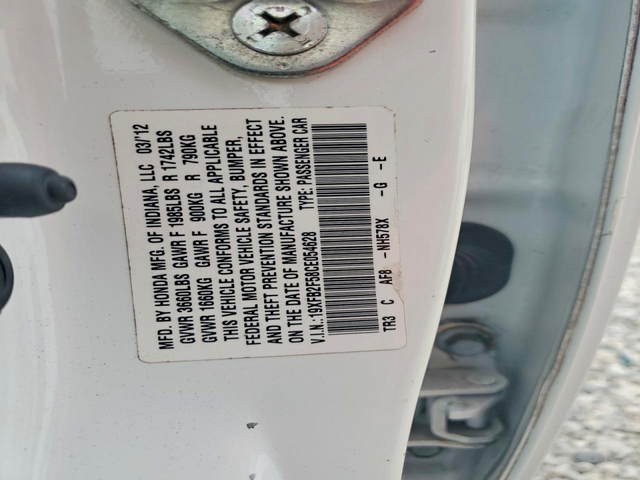 2012 Honda Civic Lx Белый vin: 19XFB2F58CE054628