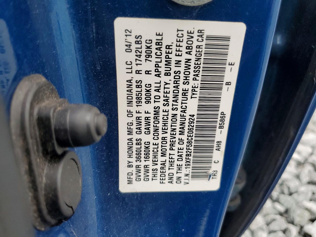 2012 Honda Civic Lx Blue vin: 19XFB2F58CE062924