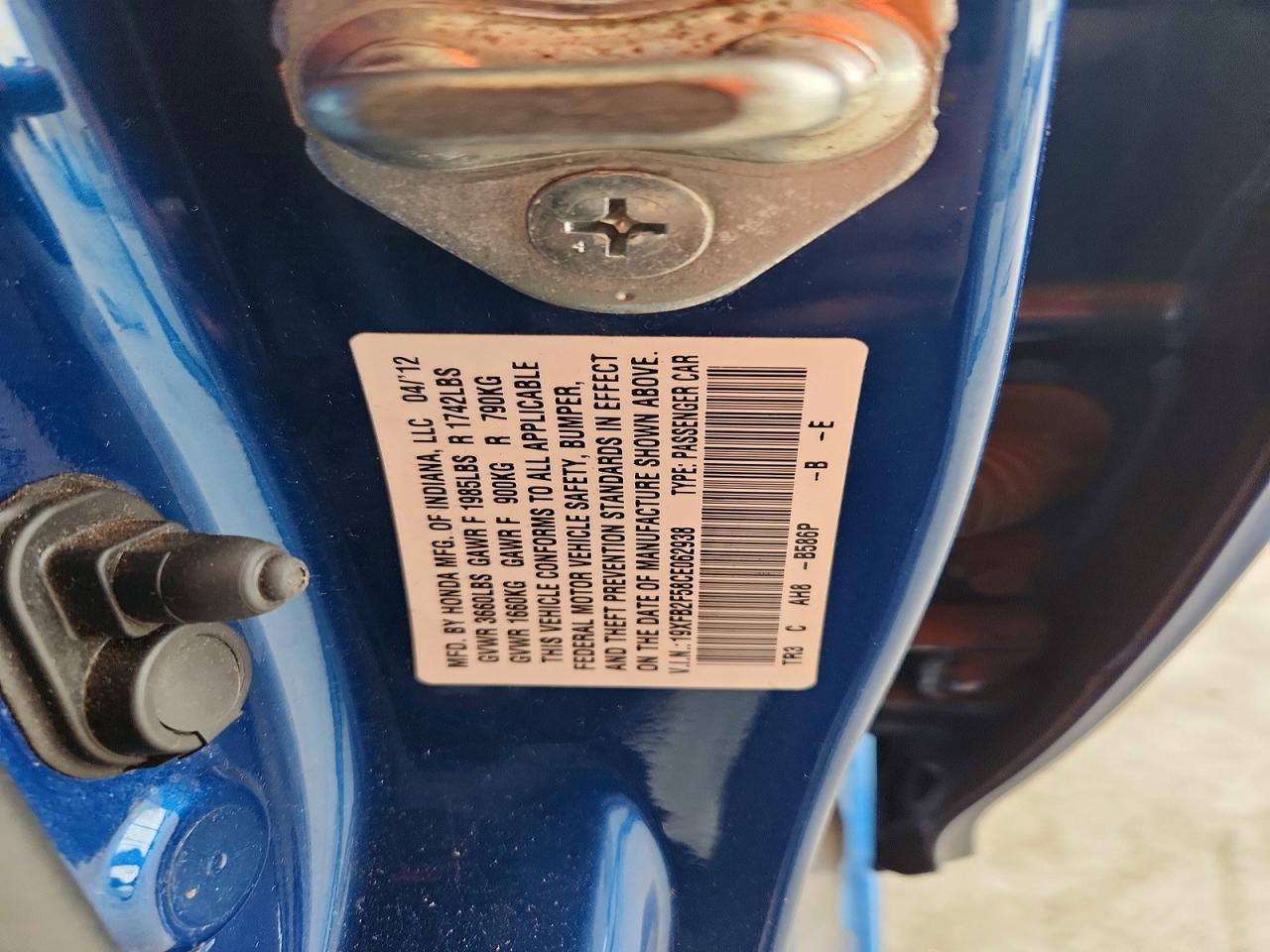 2012 Honda Civic Lx Blue vin: 19XFB2F58CE062938