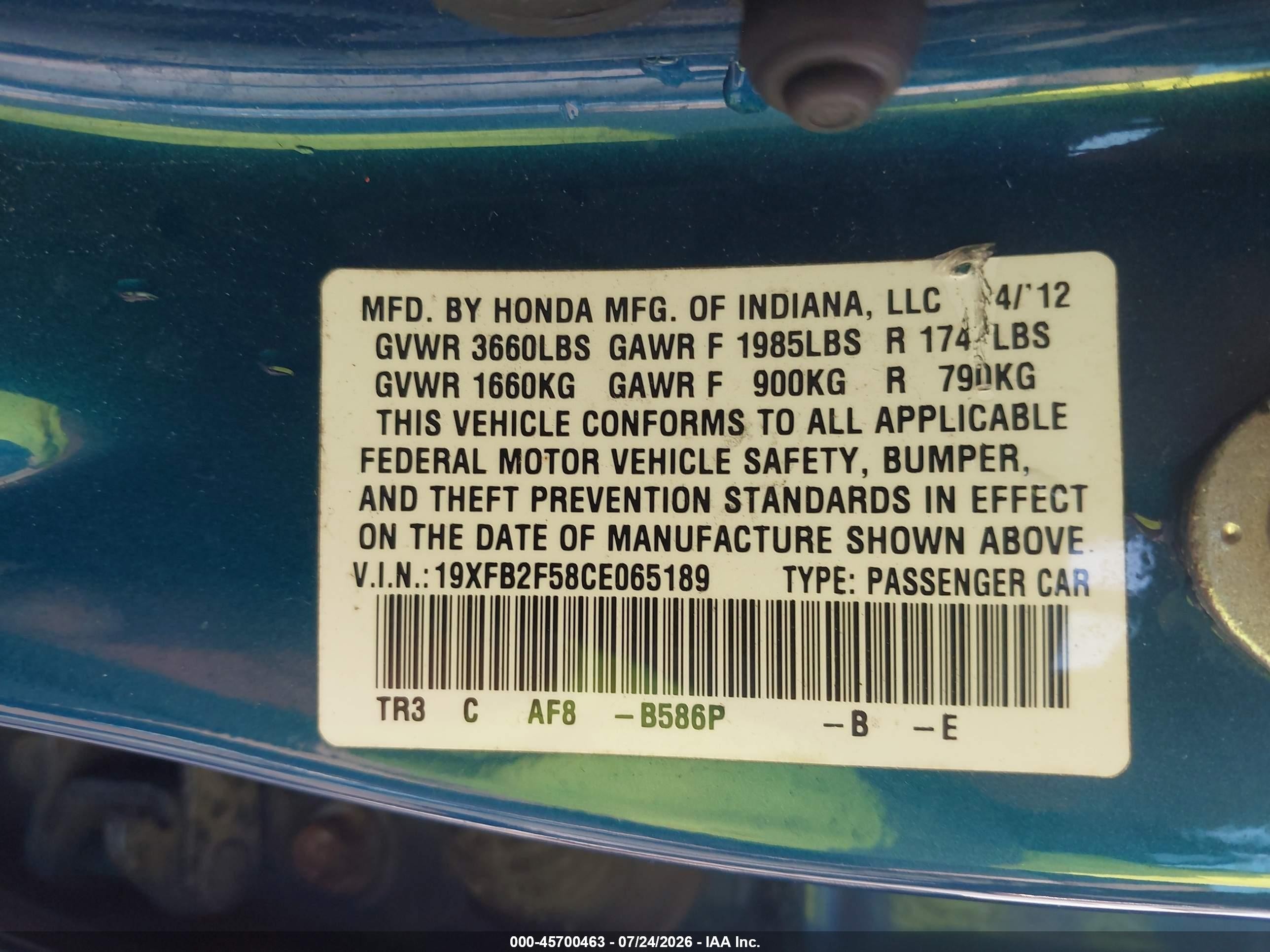 2012 Honda Civic Lx Blue vin: 19XFB2F58CE065189