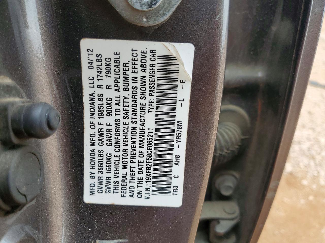 2012 Honda Civic Lx Gray vin: 19XFB2F58CE065211