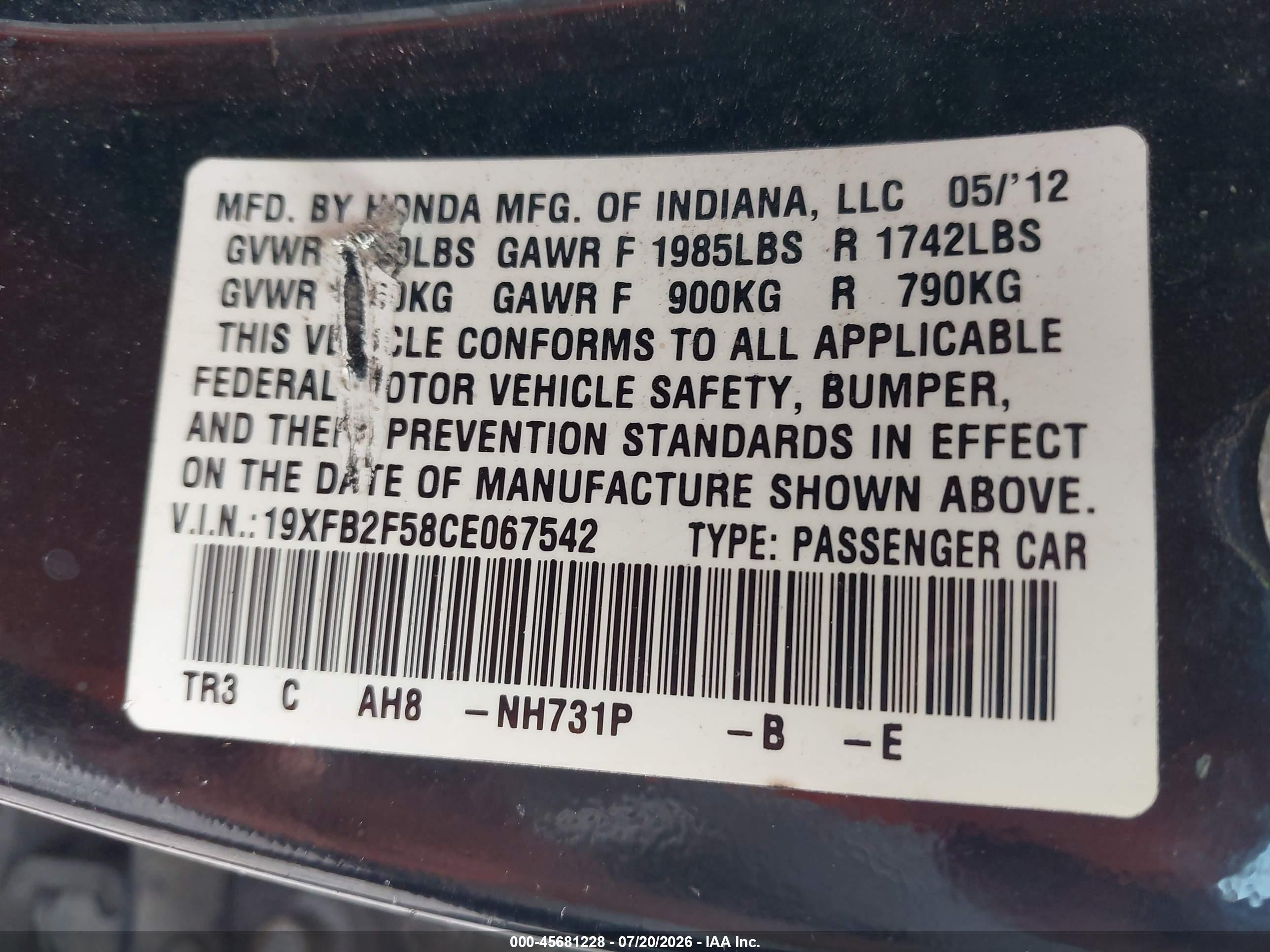 2012 Honda Civic Lx Black vin: 19XFB2F58CE067542