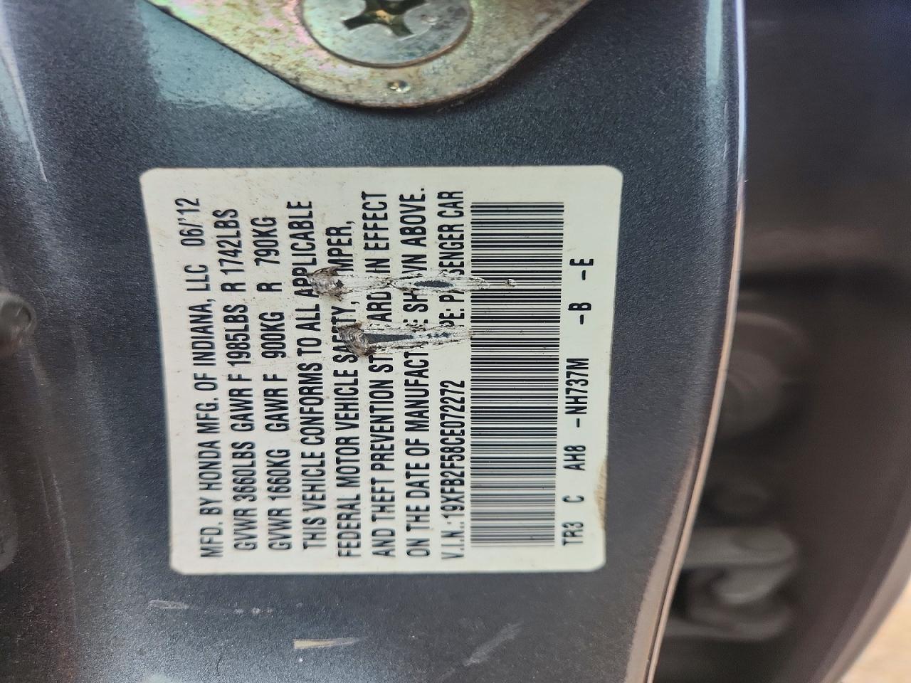 2012 Honda Civic Lx Gray vin: 19XFB2F58CE072272