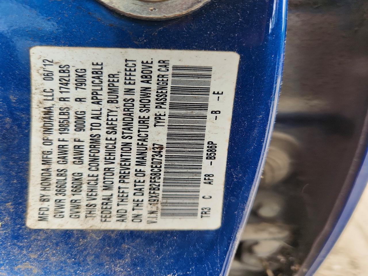 2012 Honda Civic Lx Blue vin: 19XFB2F58CE073437