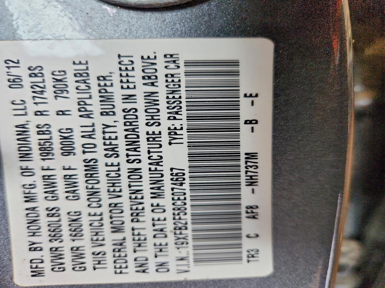 2012 Honda Civic Lx Gray vin: 19XFB2F58CE074667