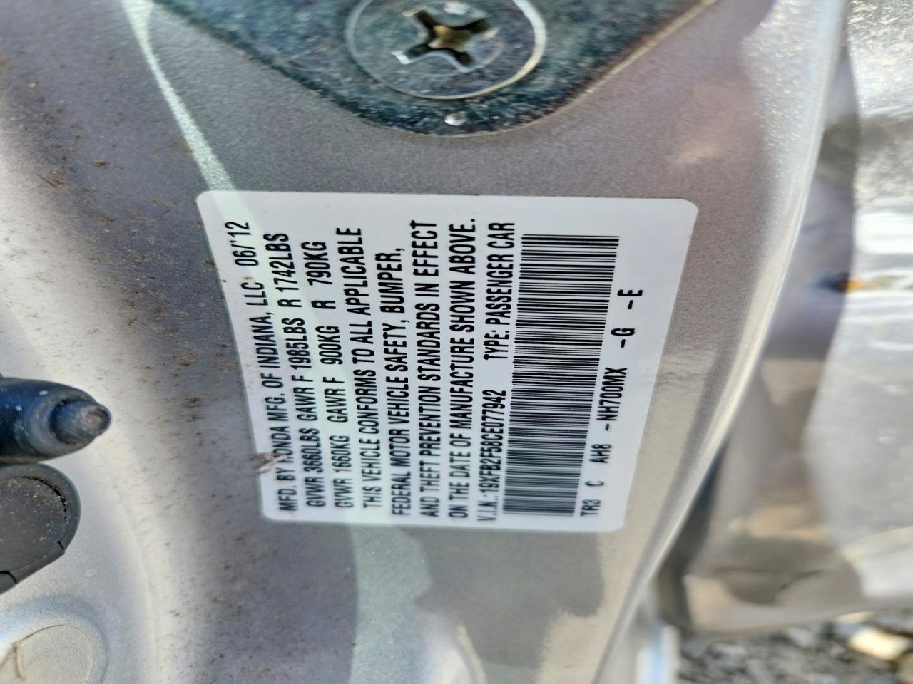 2012 Honda Civic Lx Silver vin: 19XFB2F58CE077942