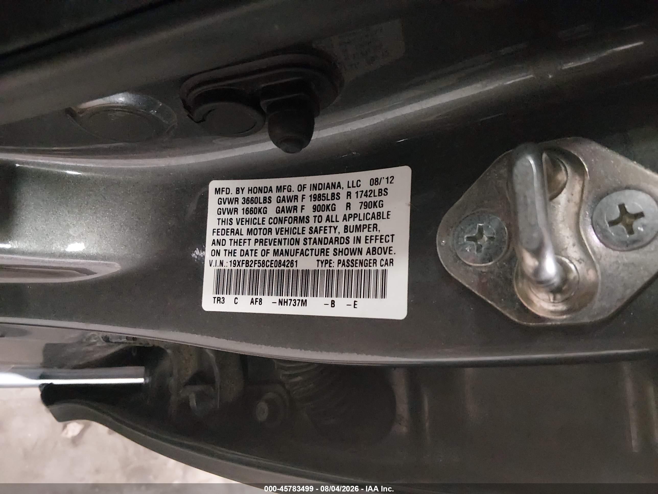 2012 Honda Civic Lx Серый vin: 19XFB2F58CE084261